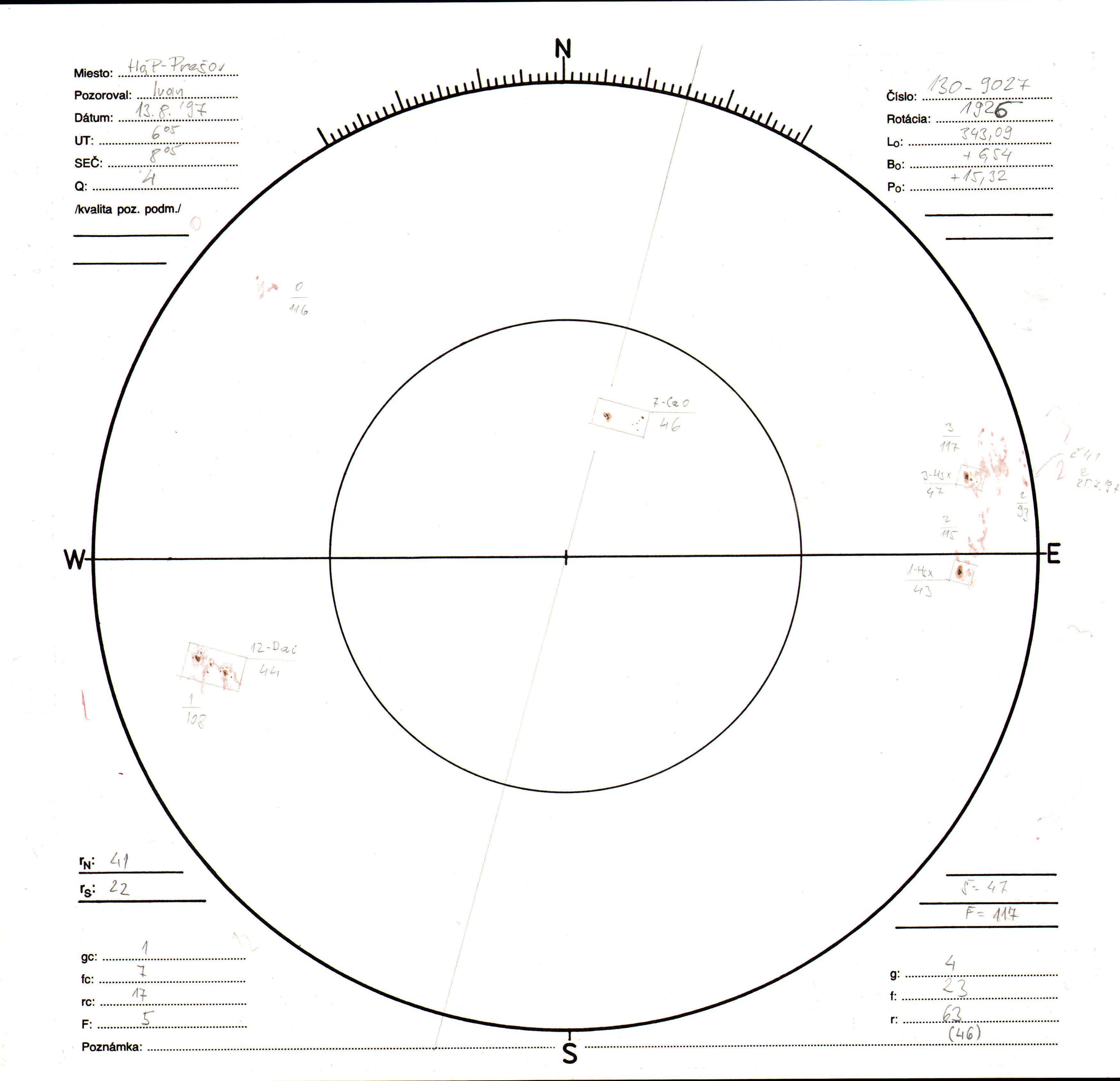 Obrázok zákresu Slnka na deň 13.08.1997