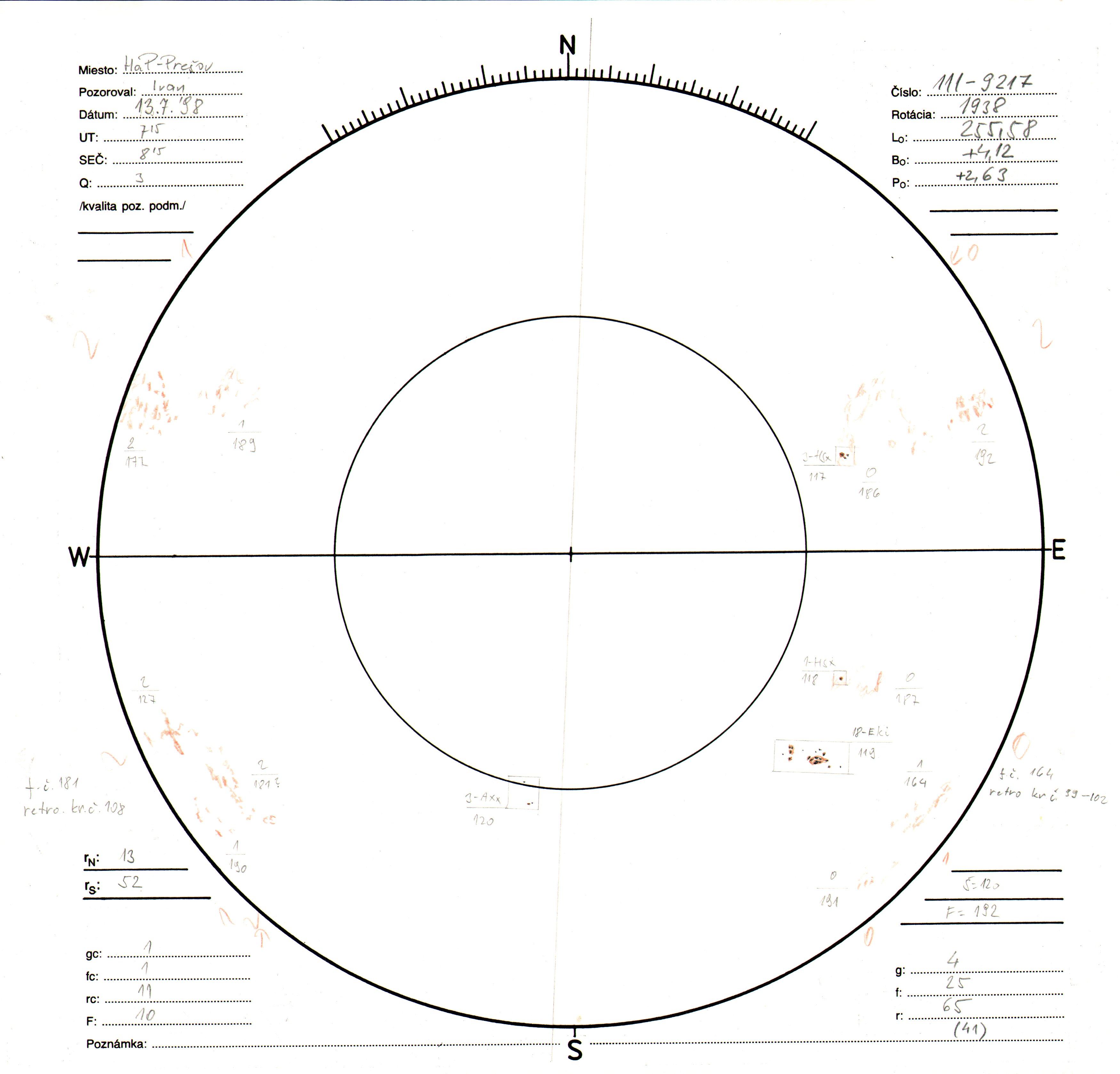 Obrázok zákresu Slnka na deň 13.07.1998