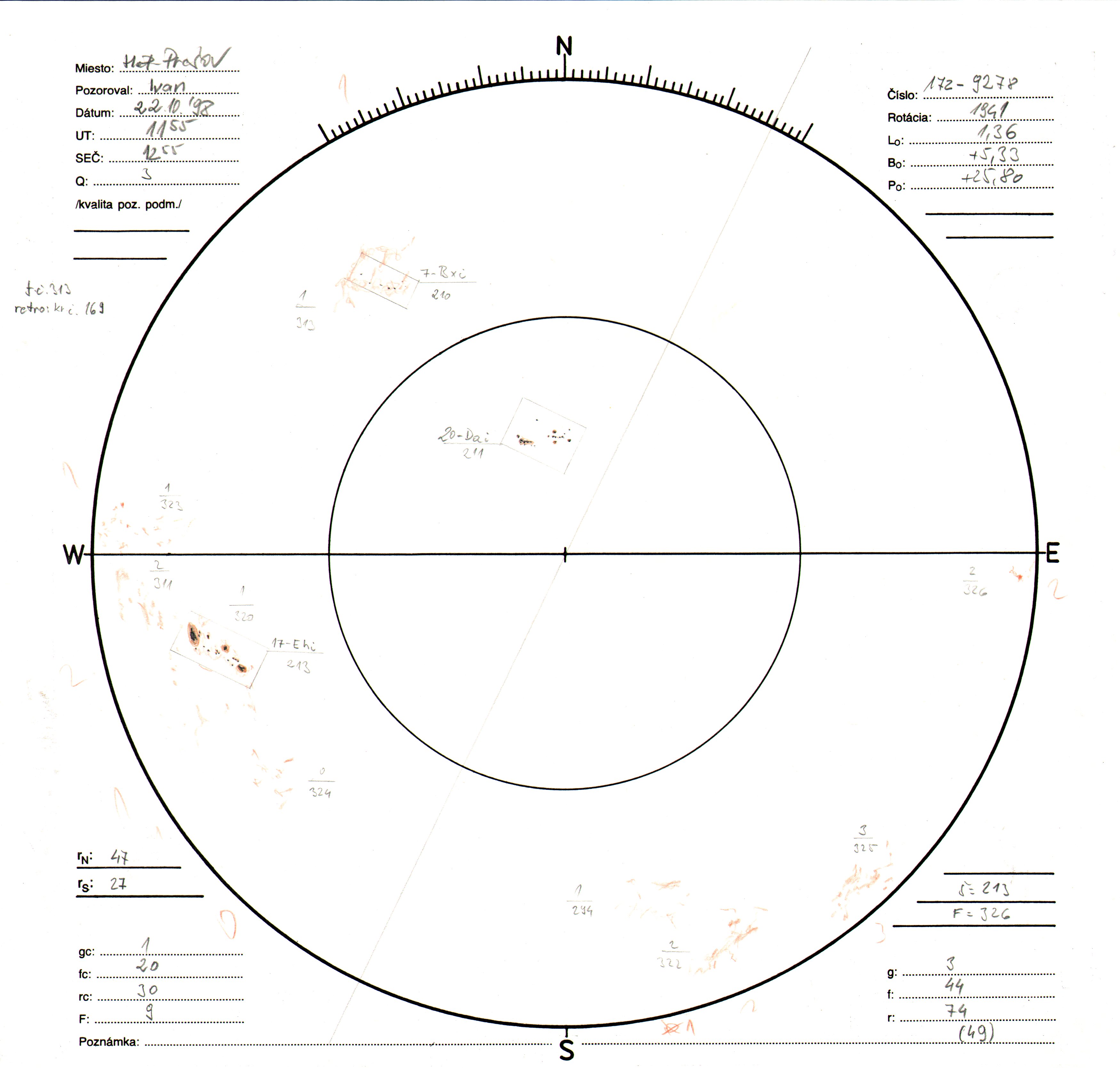 Obrázok zákresu Slnka na deň 22.10.1998