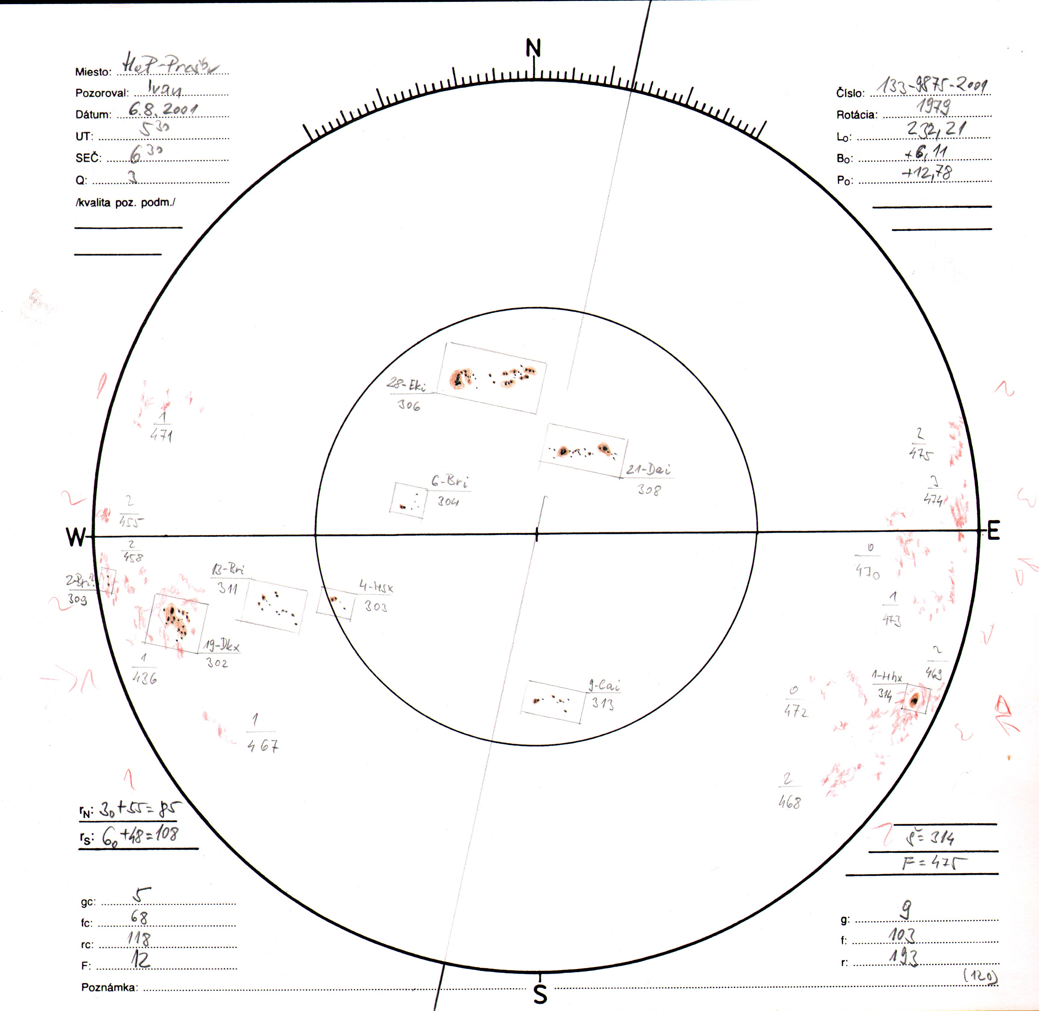 Obrázok zákresu Slnka na deň 06.08.2001