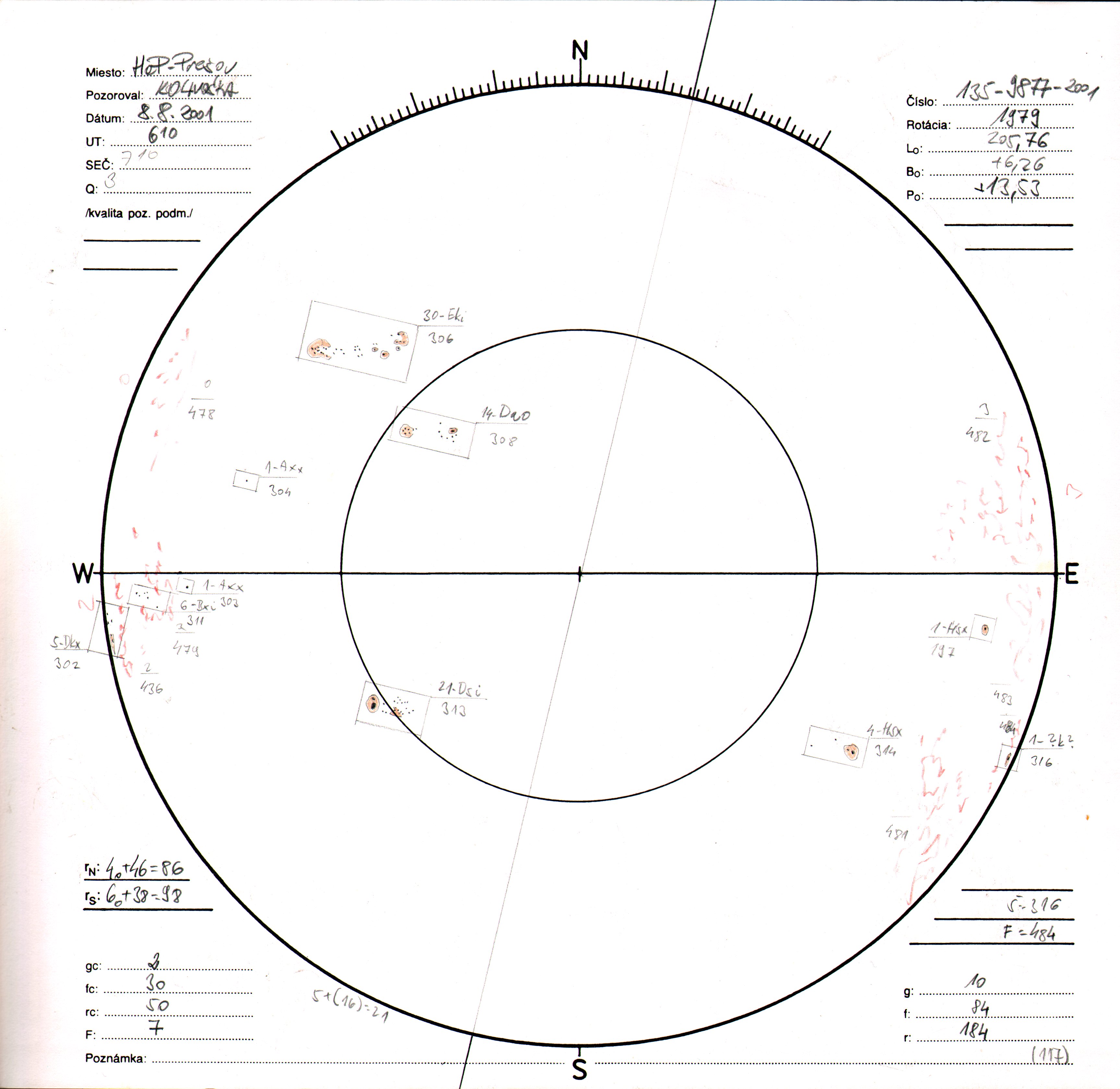 Obrázok zákresu Slnka na deň 08.08.2001