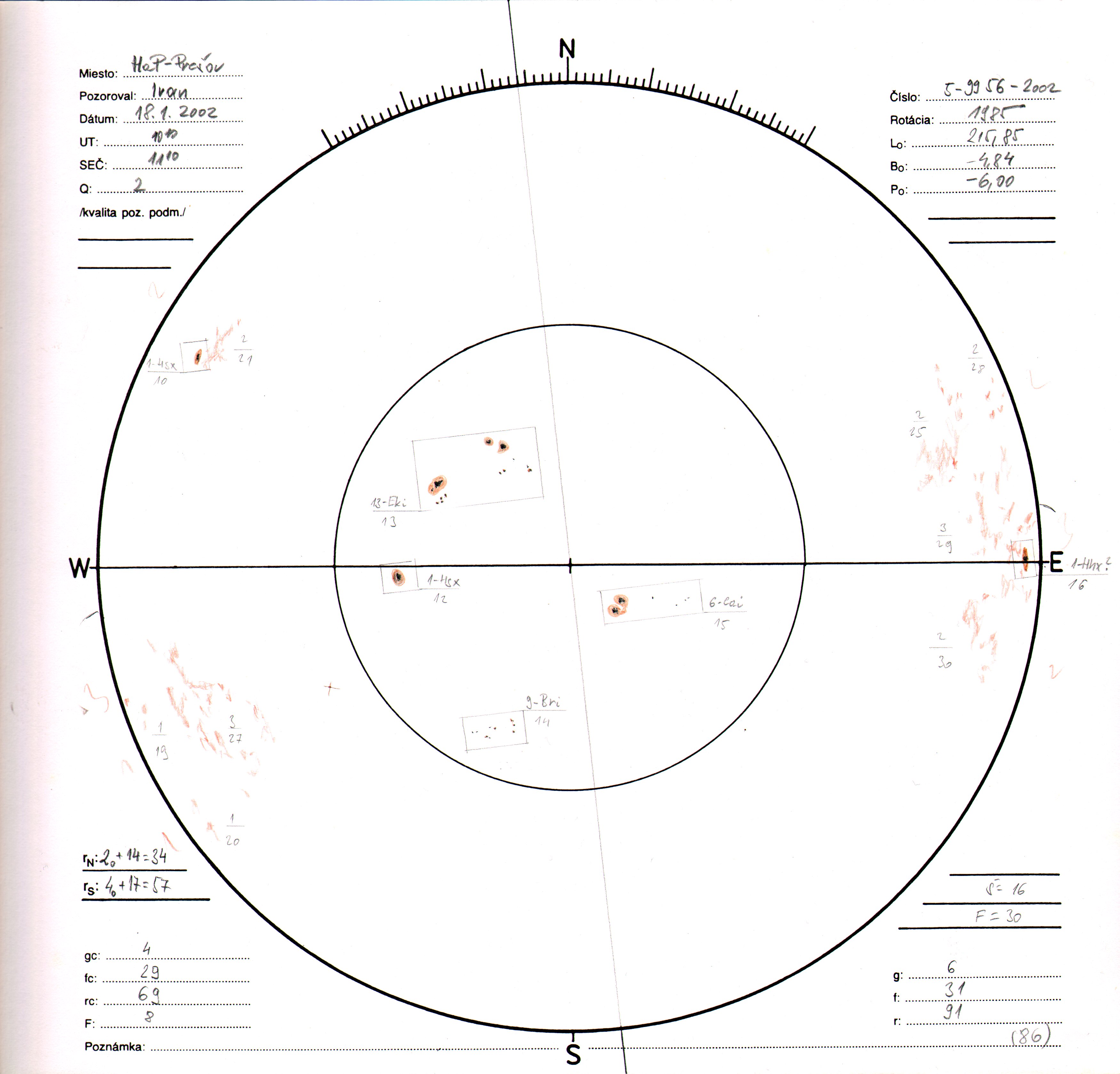 Obrázok zákresu Slnka na deň 18.01.2002