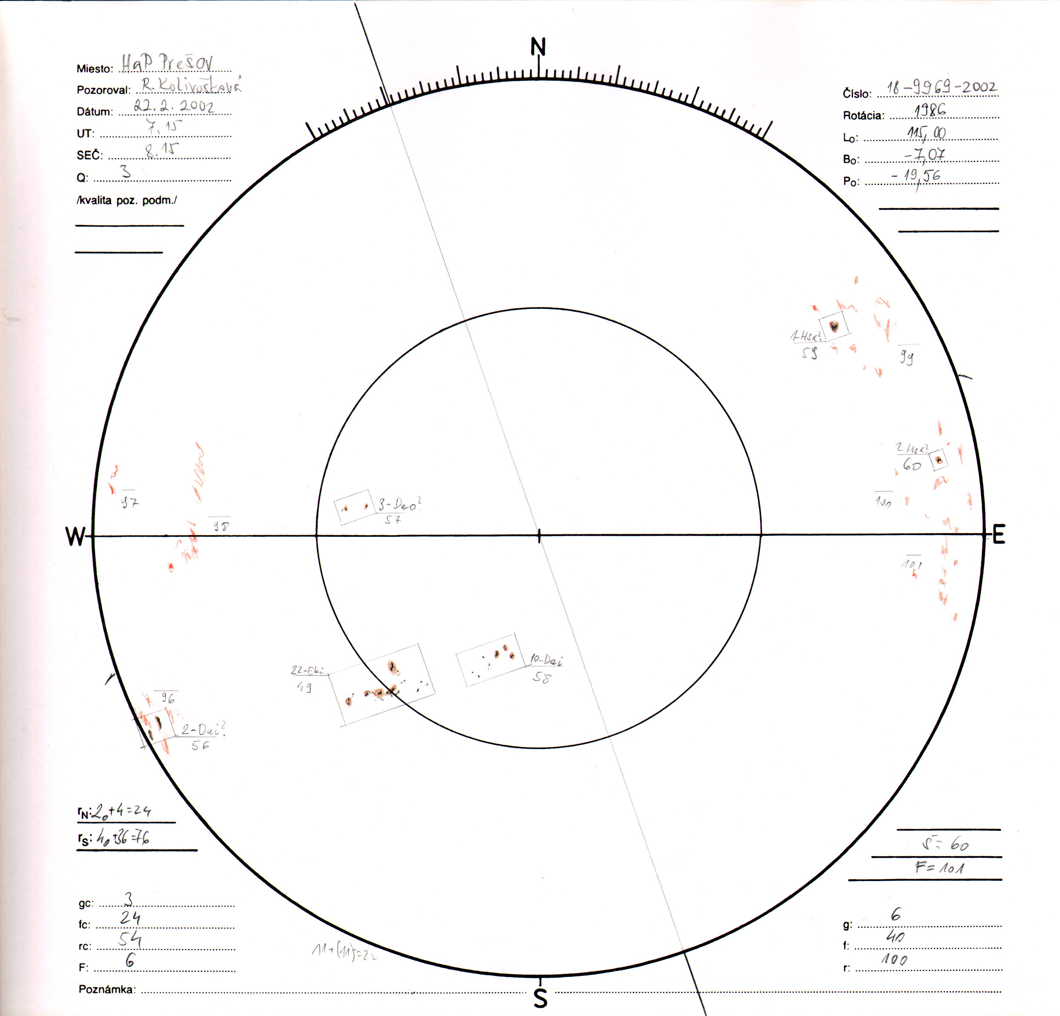 Obrázok zákresu Slnka na deň 22.02.2002