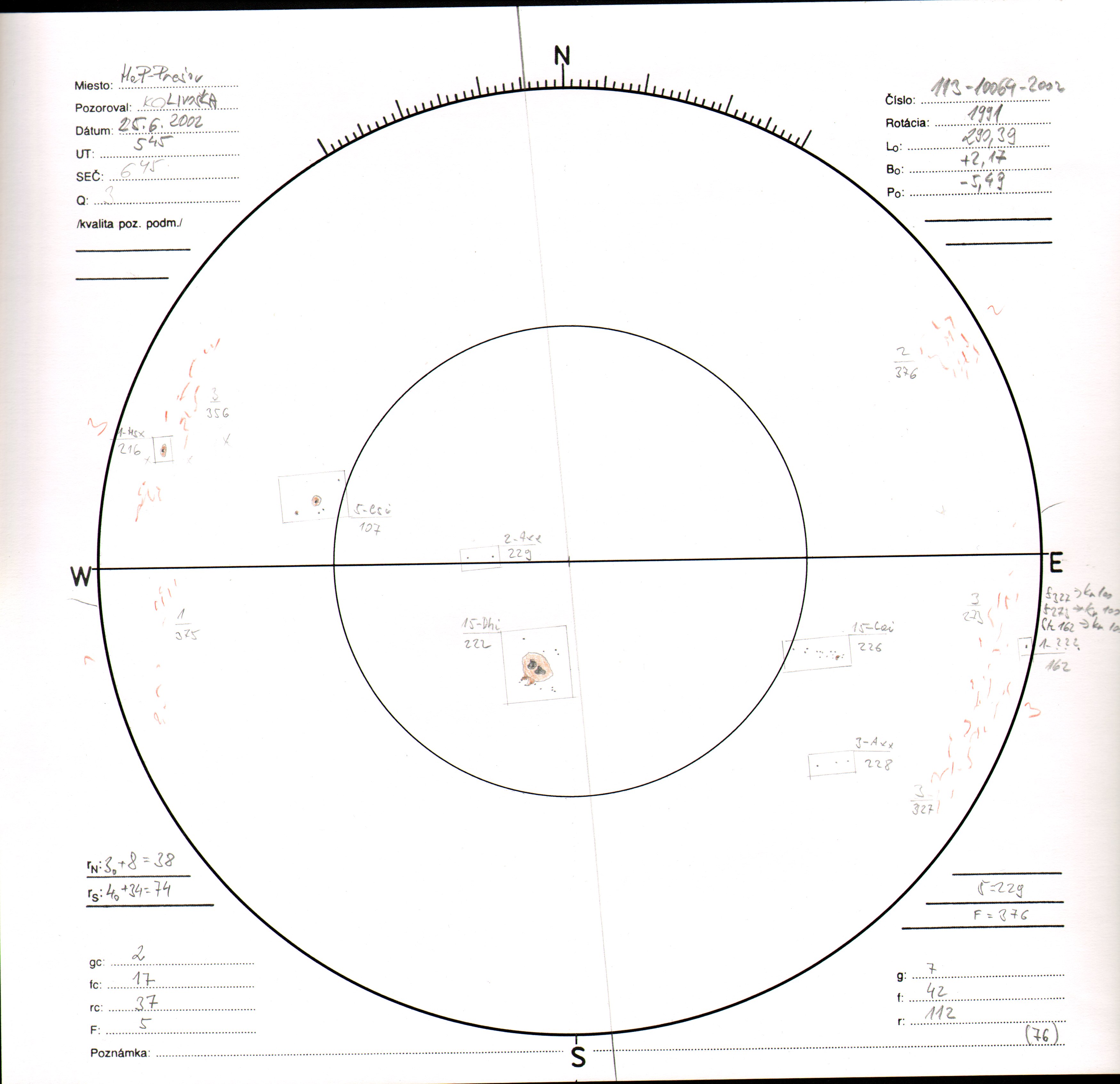 Obrázok zákresu Slnka na deň 25.06.2002