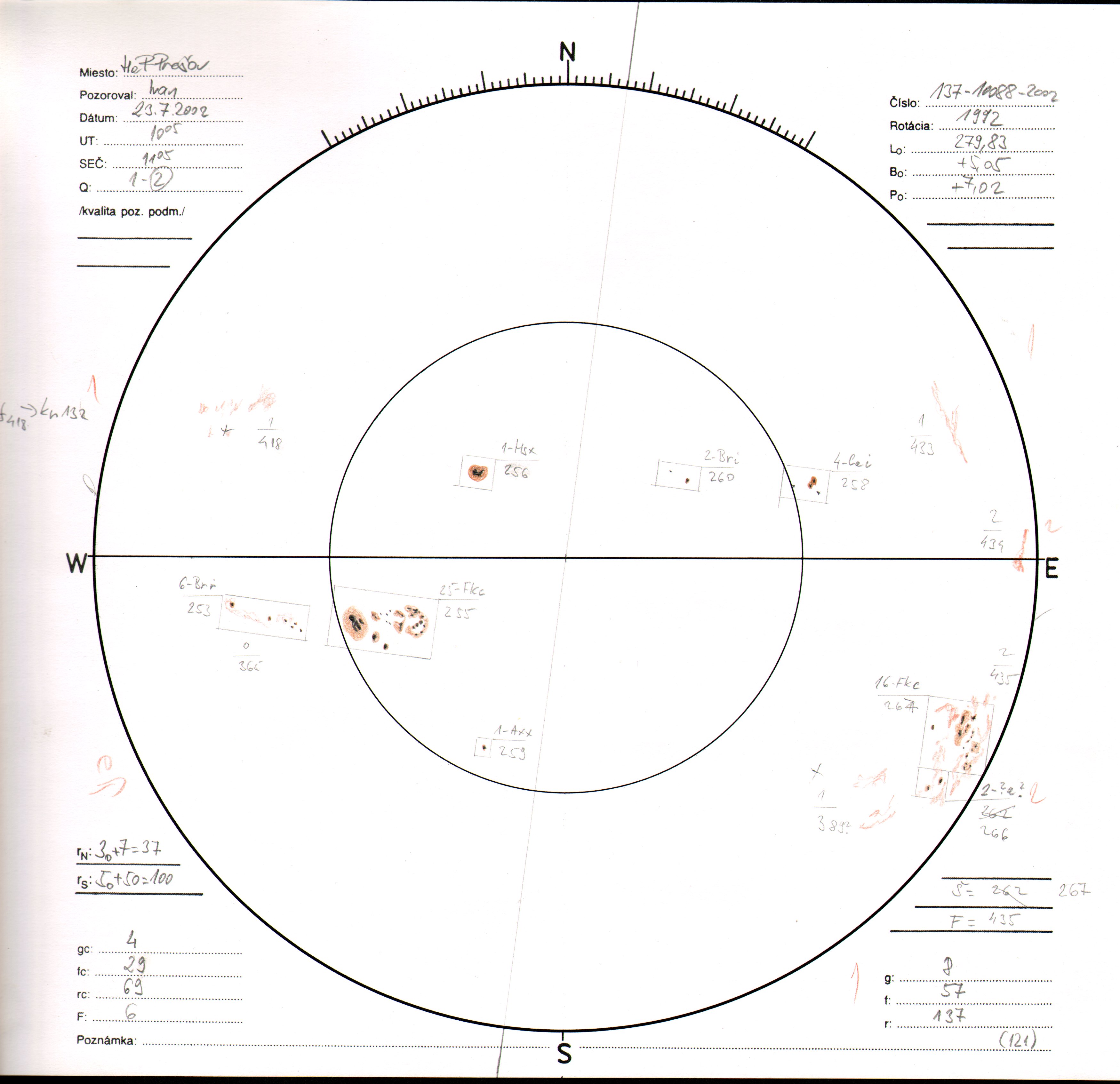 Obrázok zákresu Slnka na deň 23.07.2002