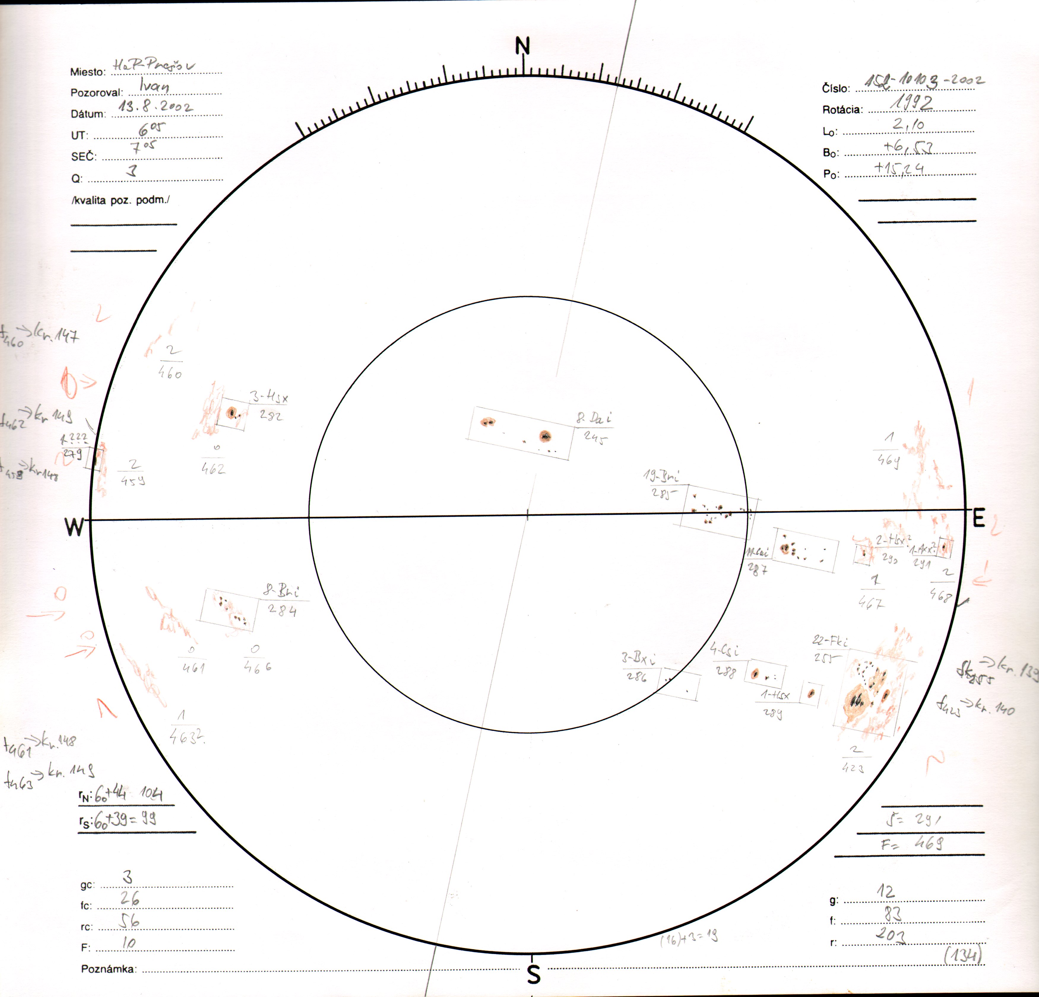 Obrázok zákresu Slnka na deň 13.08.2002