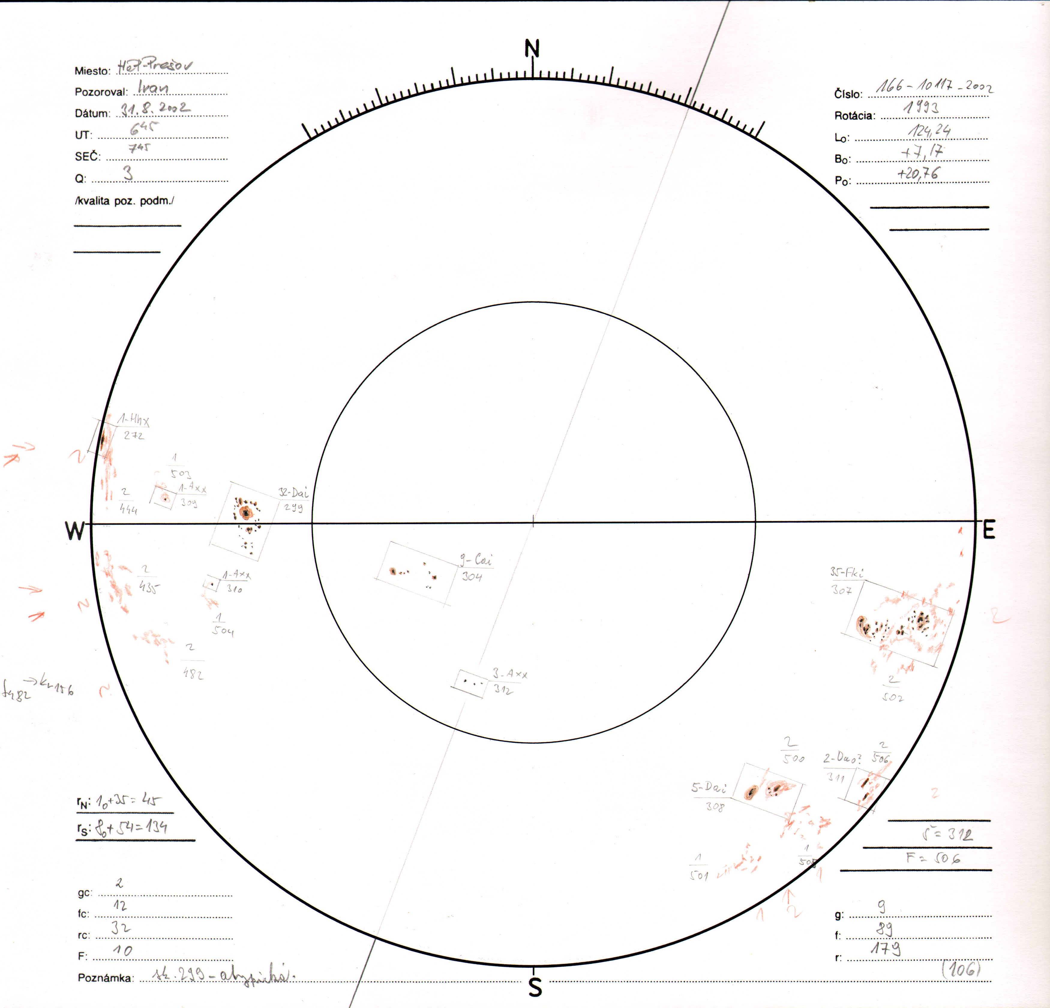 Obrázok zákresu Slnka na deň 31.08.2002