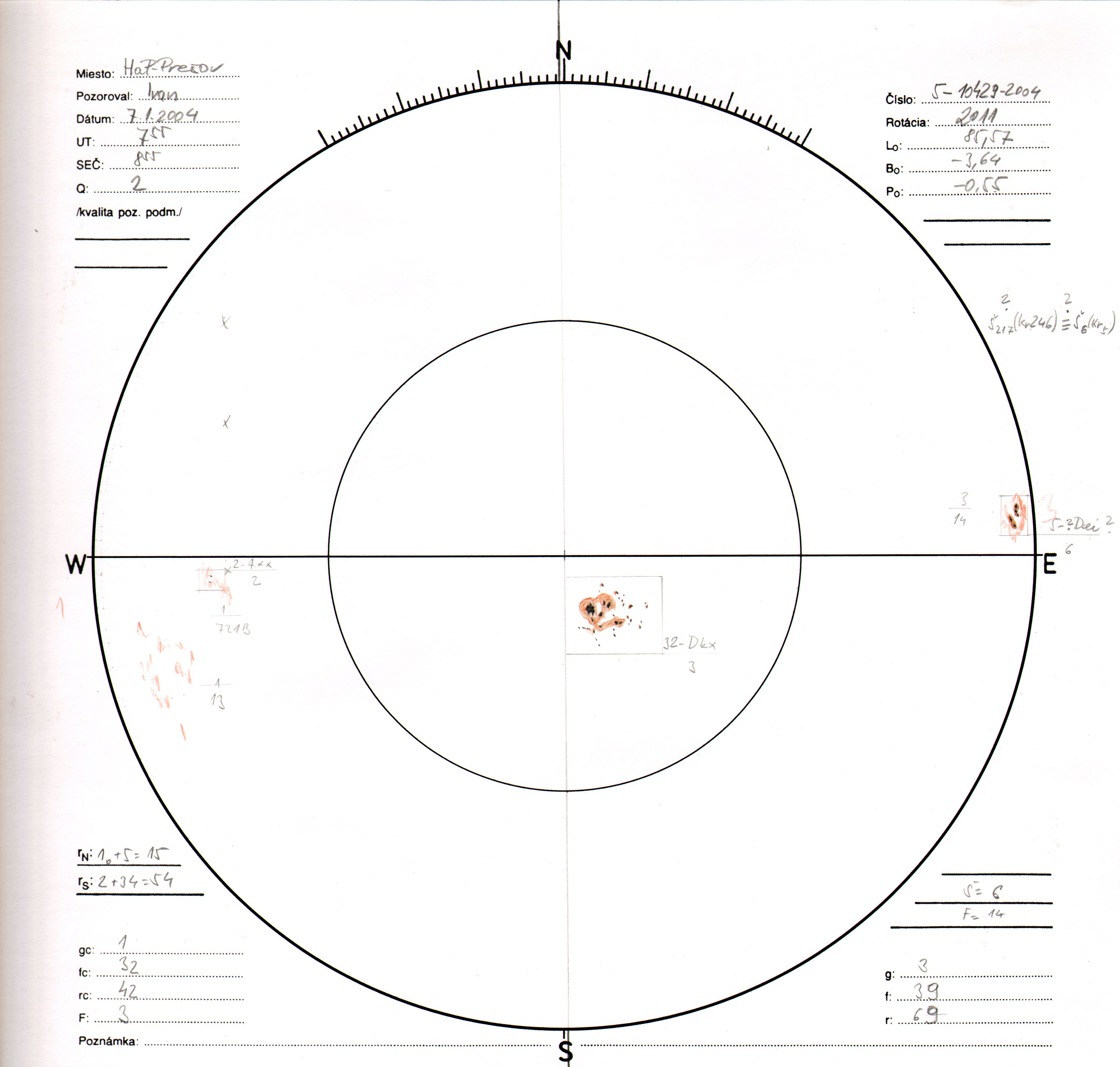 Obrázok zákresu Slnka na deň 07.01.2004