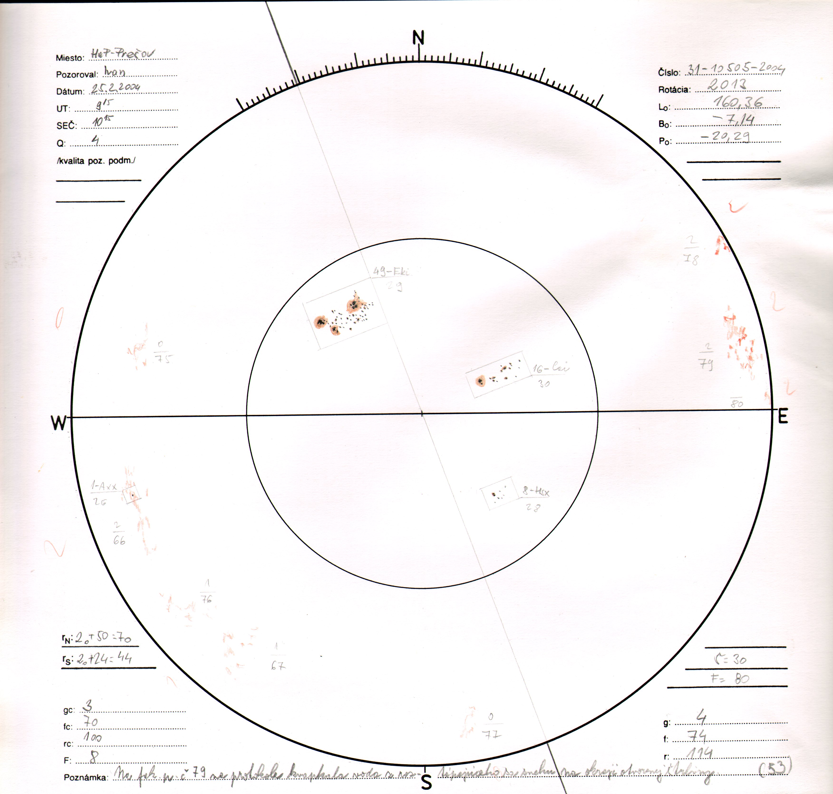 Obrázok zákresu Slnka na deň 25.02.2004