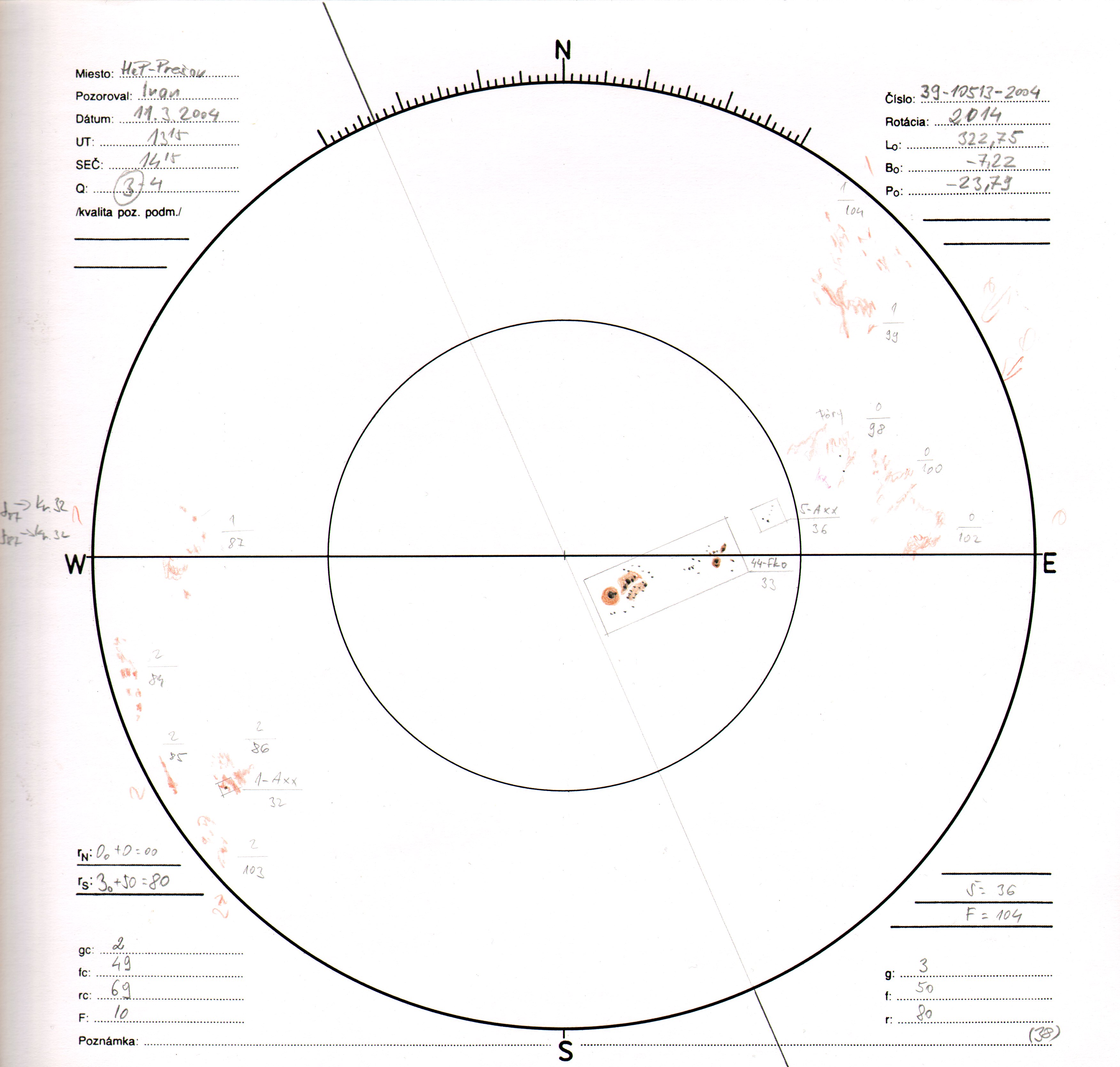 Obrázok zákresu Slnka na deň 11.03.2004