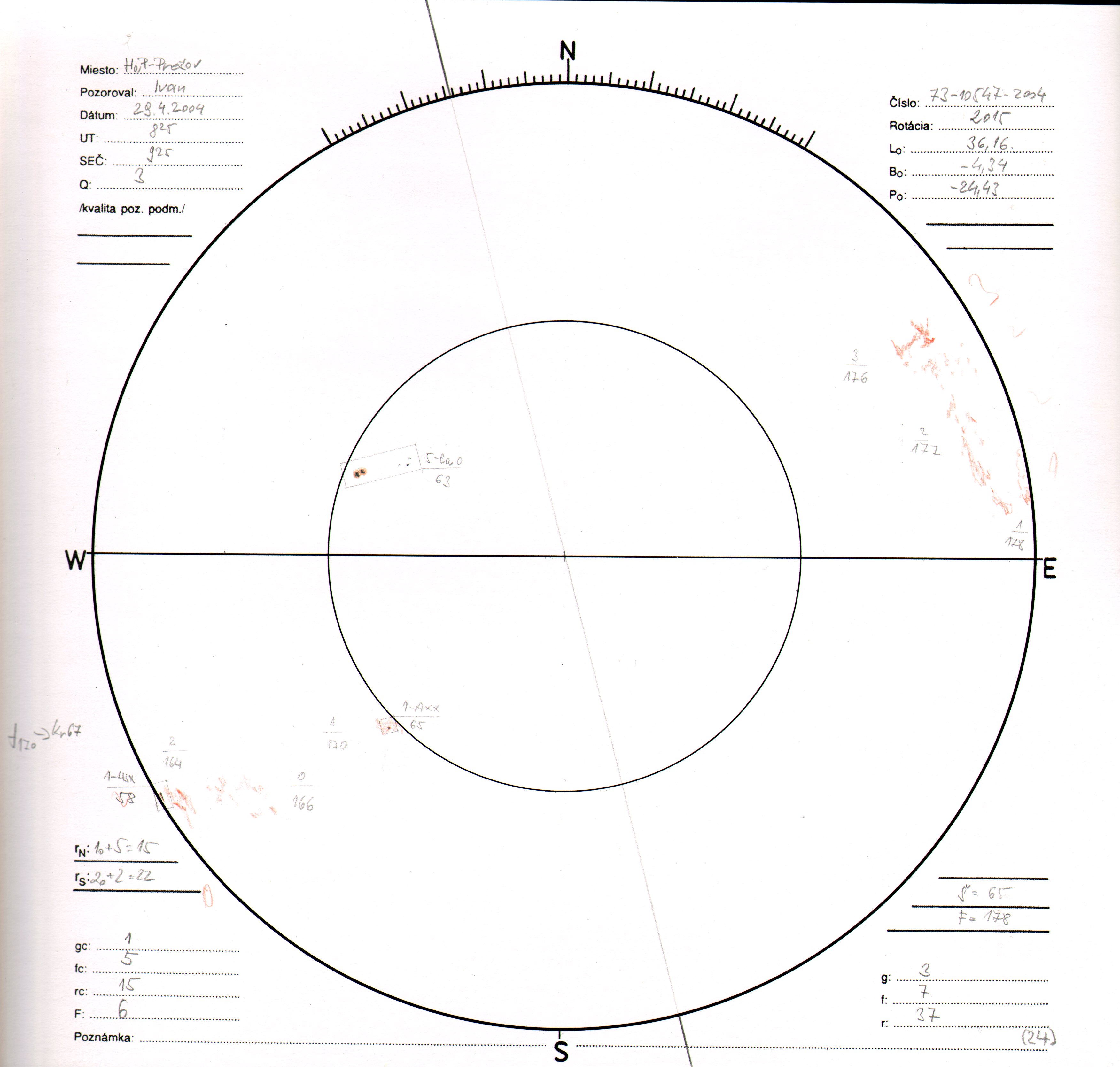 Obrázok zákresu Slnka na deň 29.04.2004