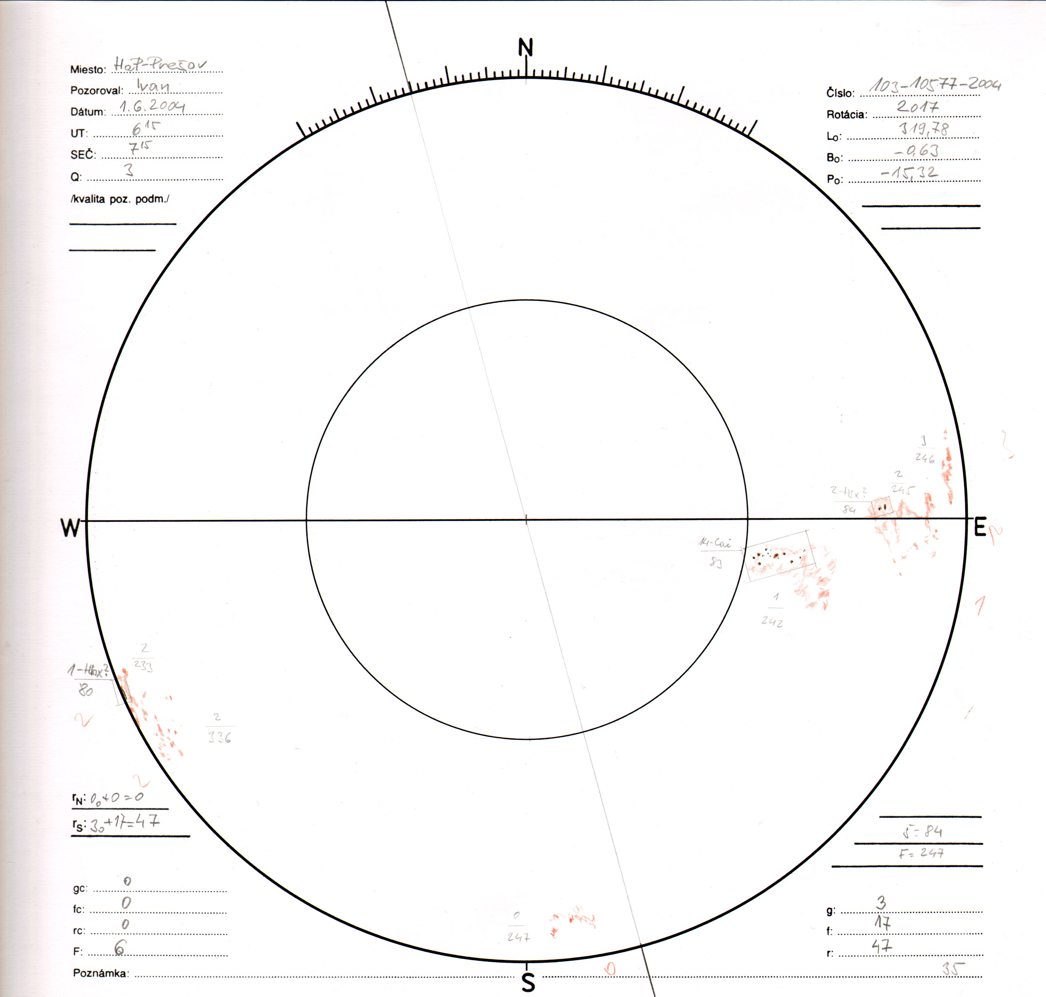 Obrázok zákresu Slnka na deň 01.06.2004