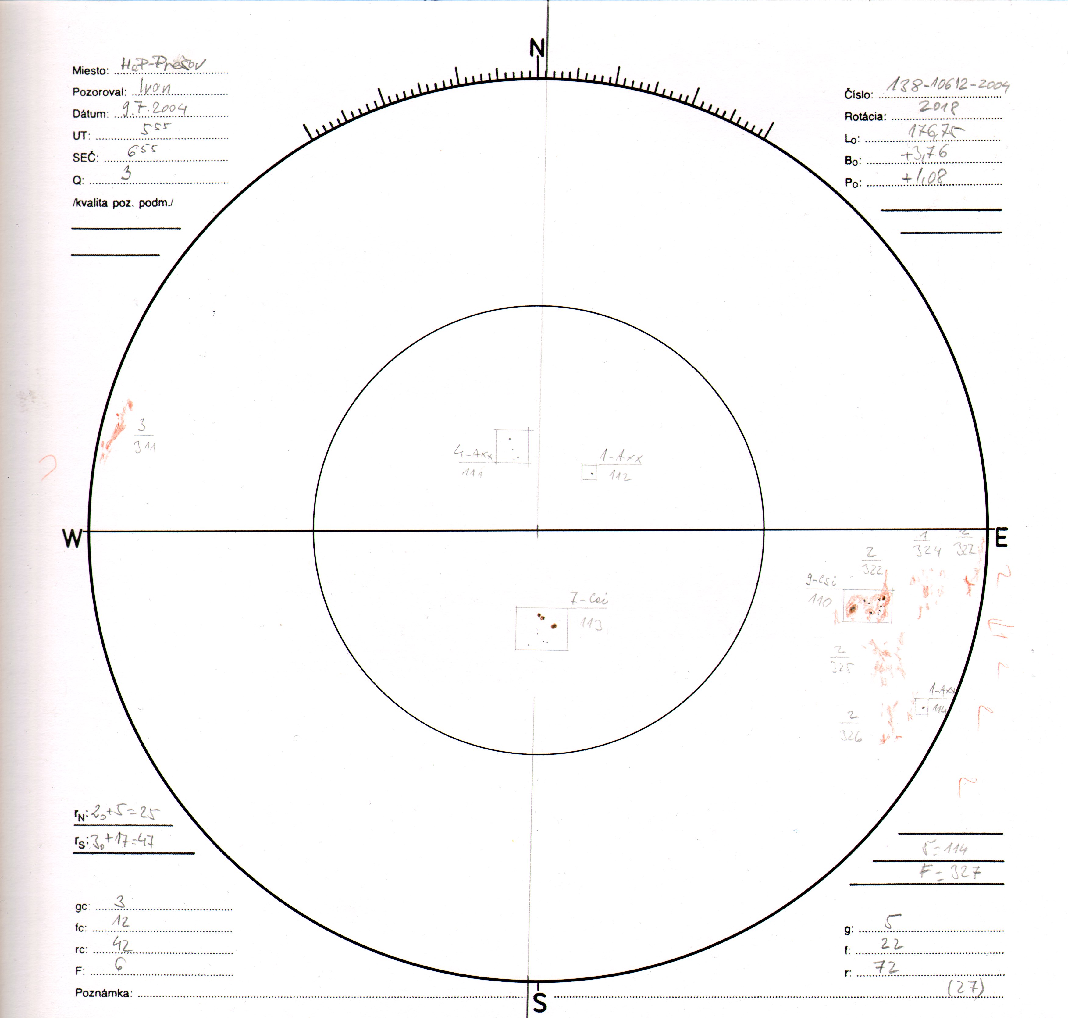 Obrázok zákresu Slnka na deň 09.07.2004