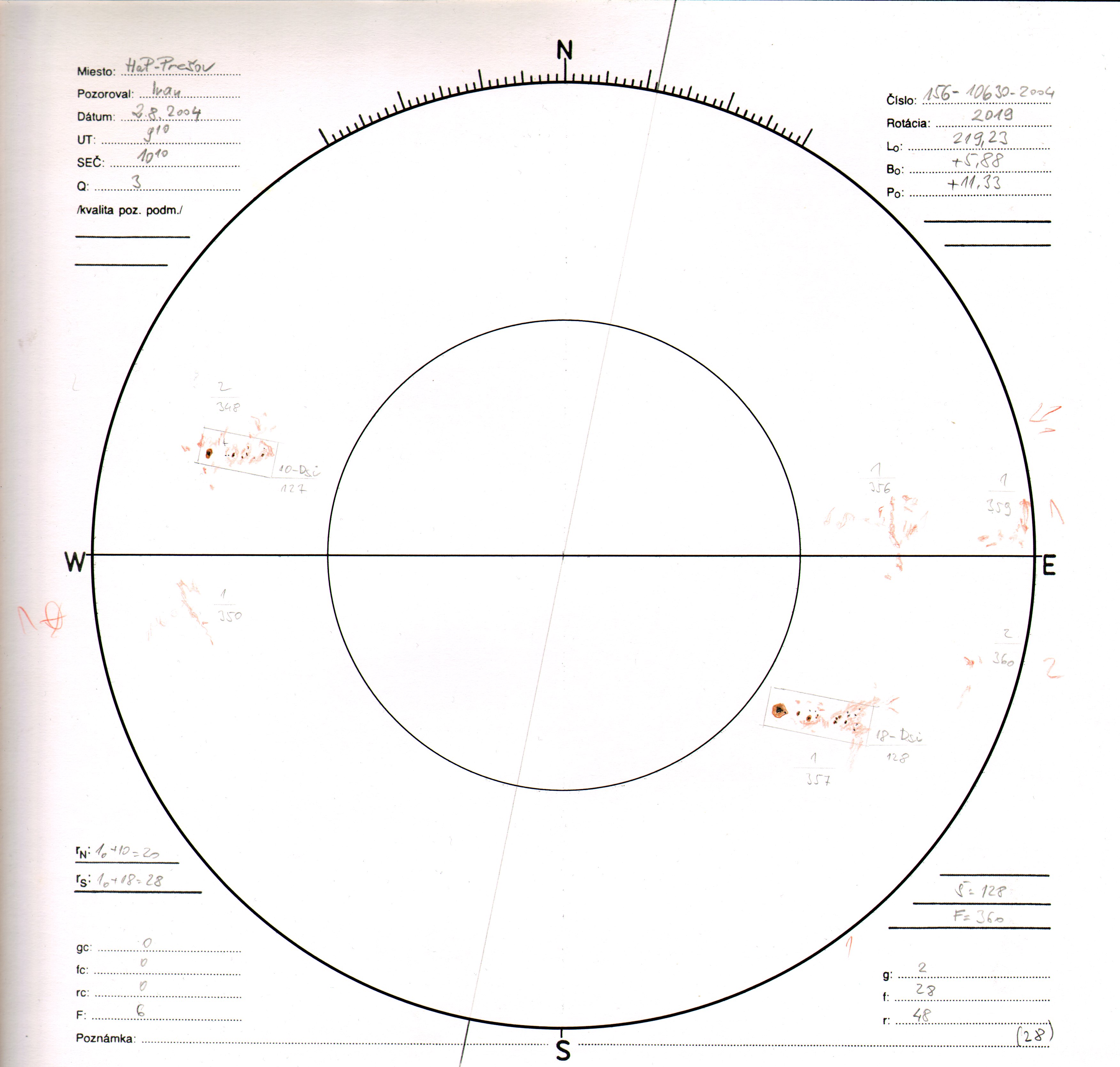 Obrázok zákresu Slnka na deň 02.08.2004