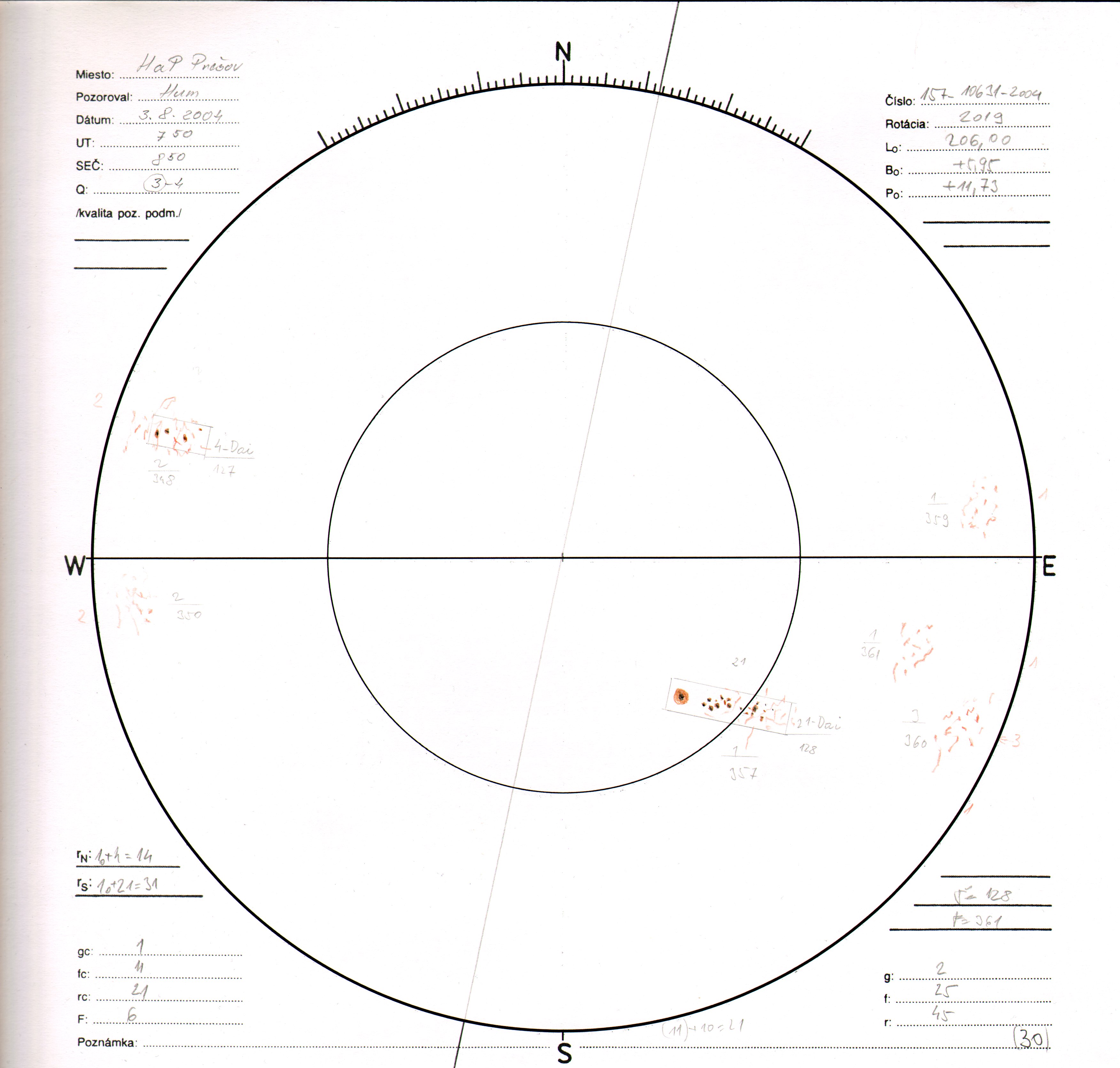 Obrázok zákresu Slnka na deň 03.08.2004