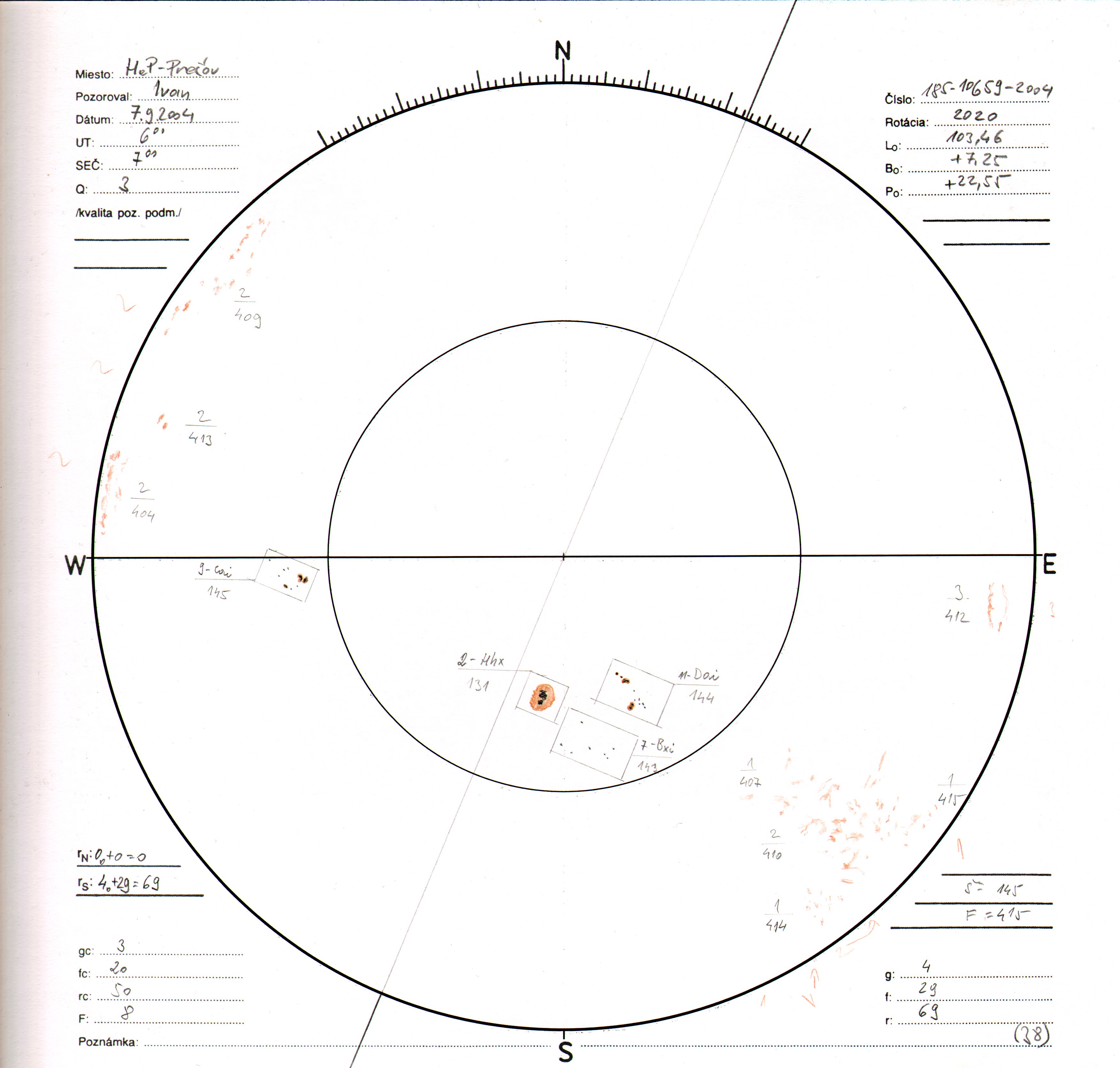 Obrázok zákresu Slnka na deň 07.09.2004