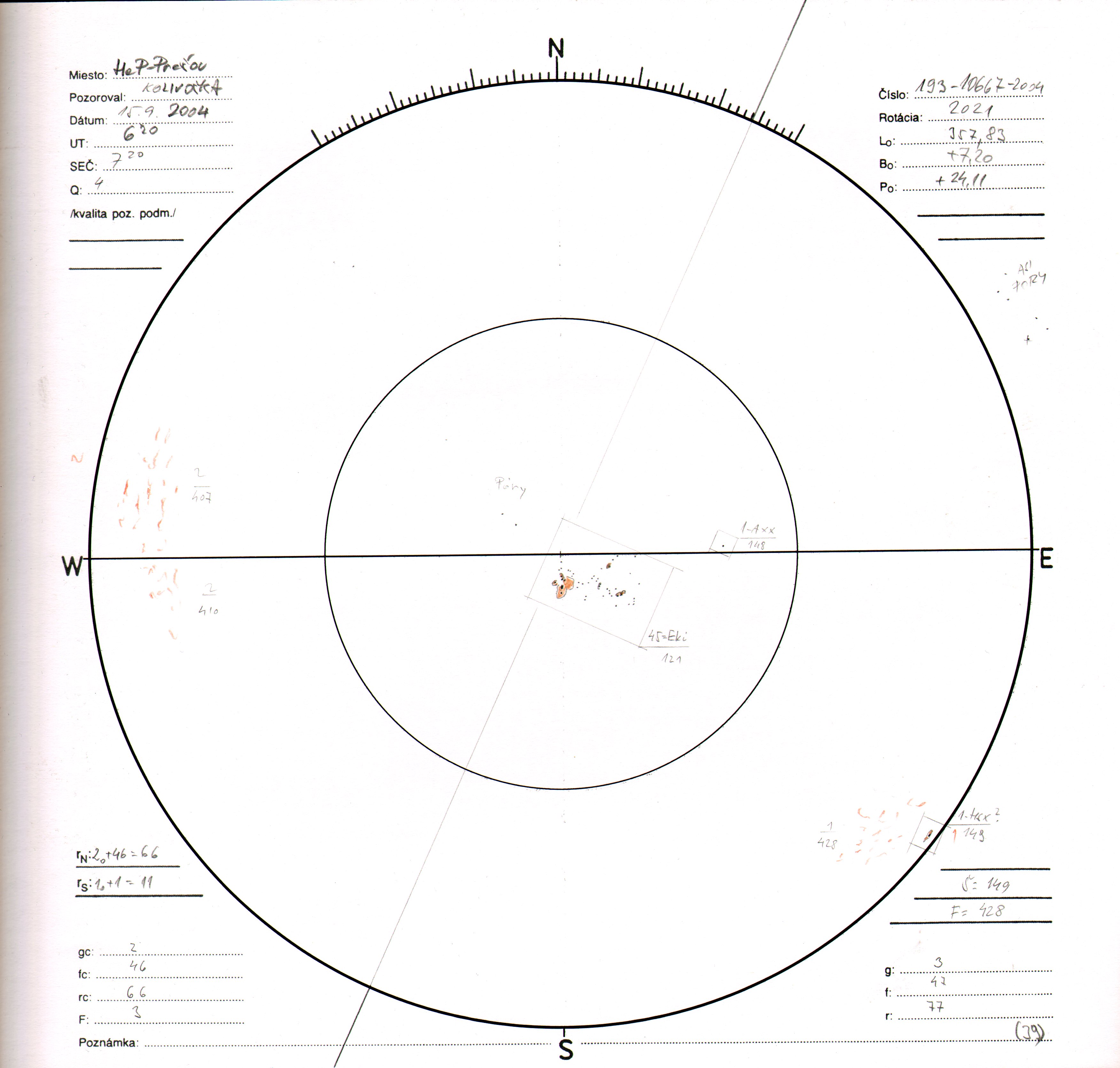 Obrázok zákresu Slnka na deň 15.09.2004