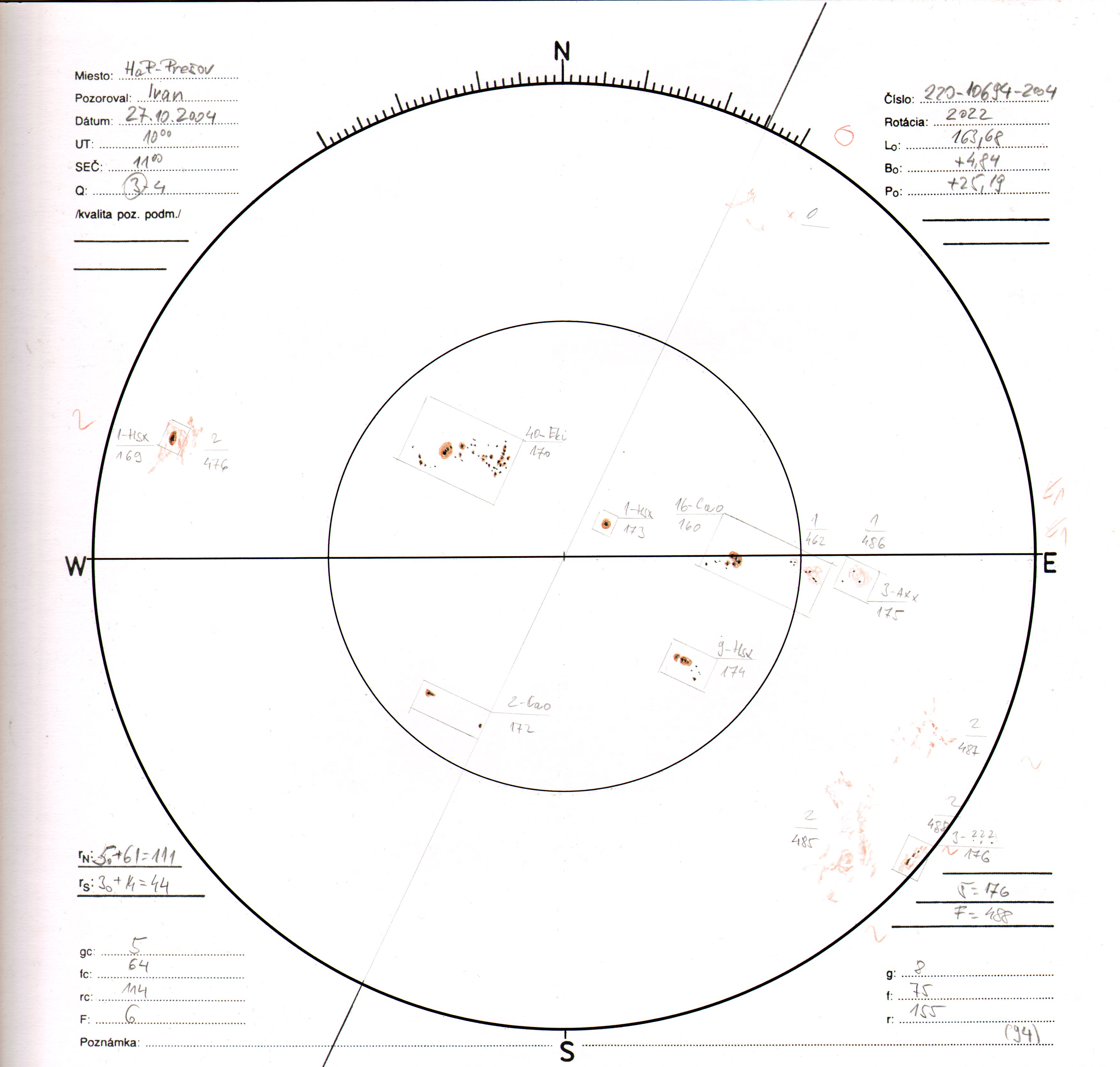 Obrázok zákresu Slnka na deň 27.10.2004