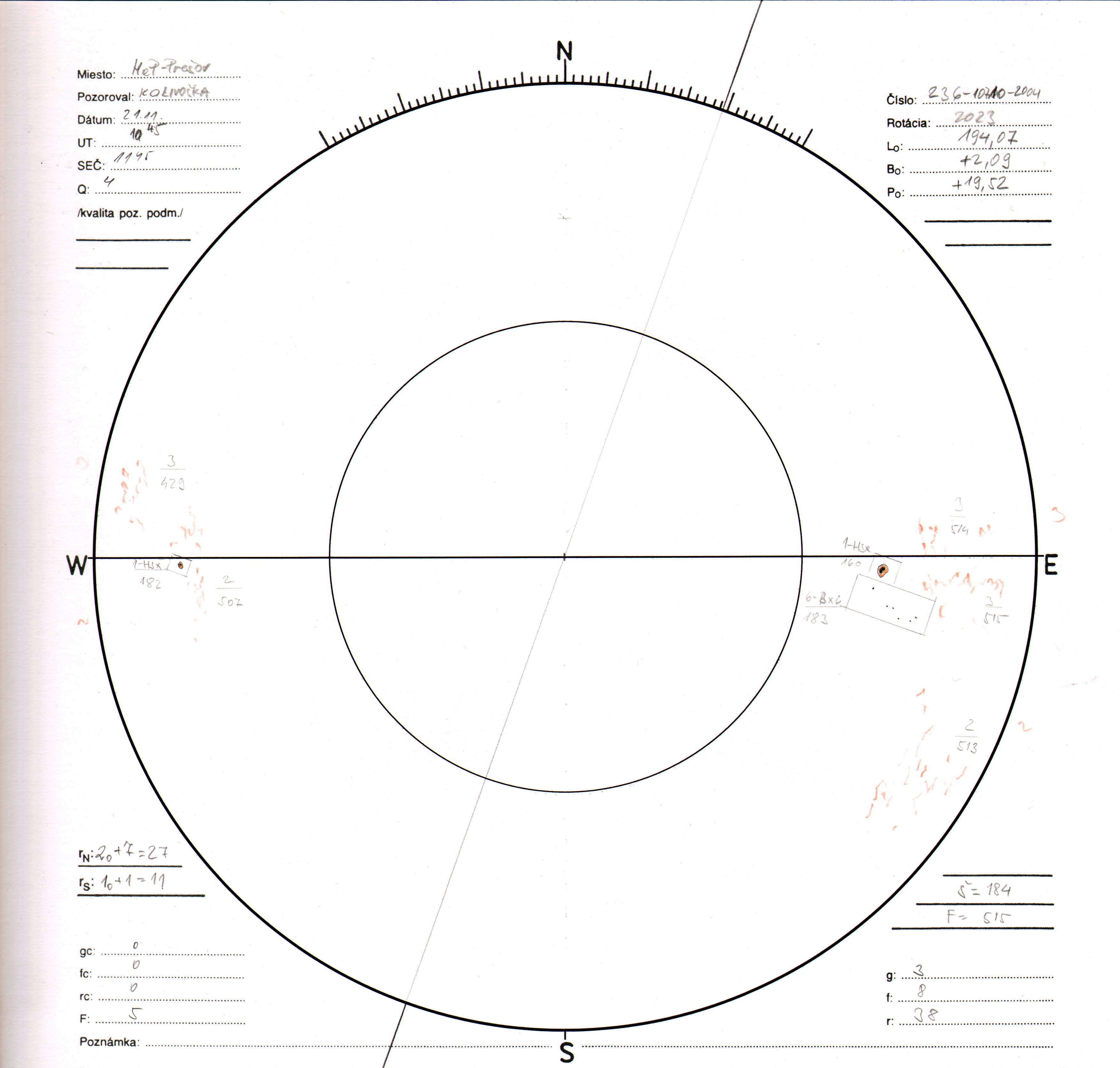 Obrázok zákresu Slnka na deň 21.11.2004