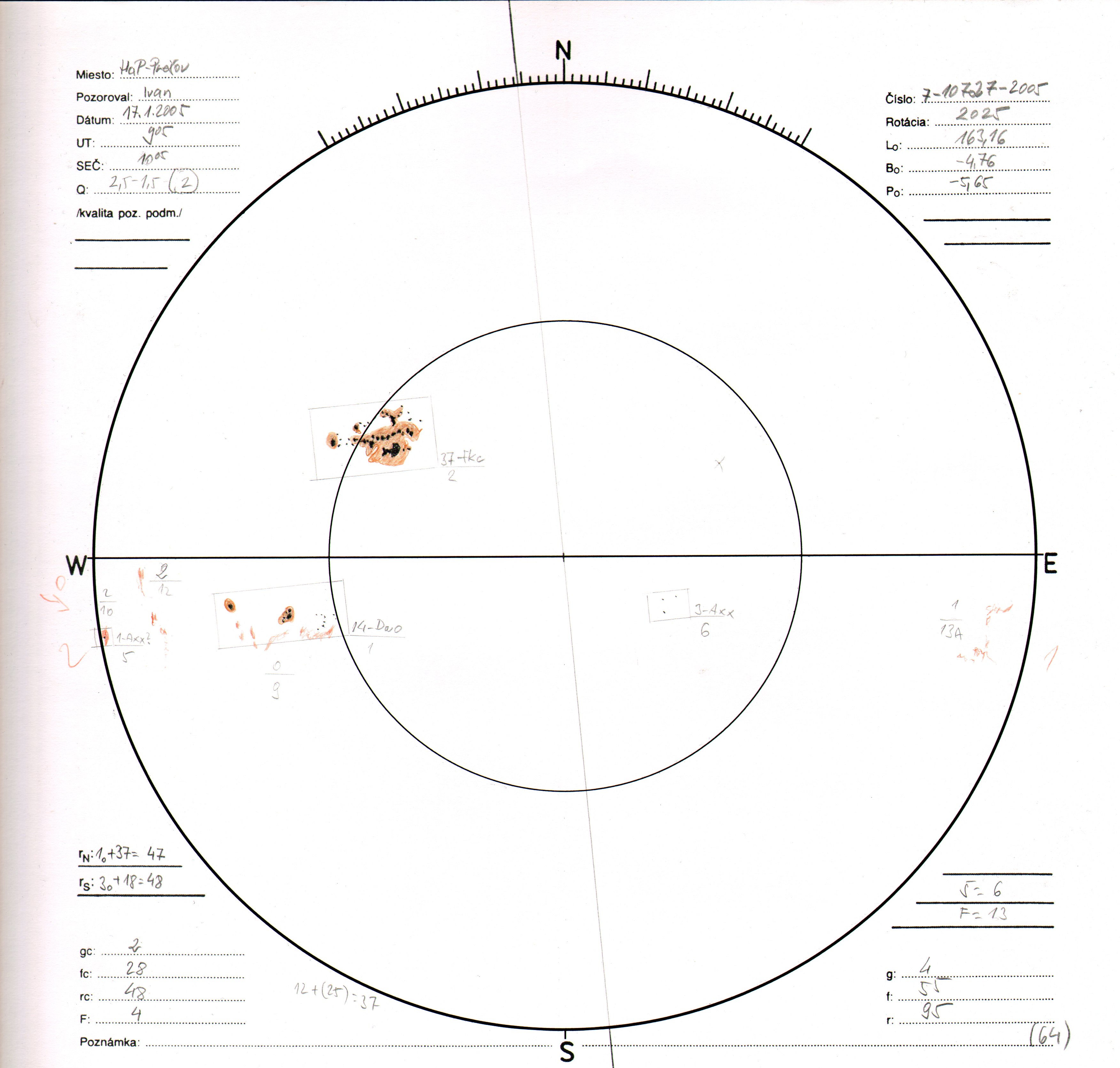Obrázok zákresu Slnka na deň 17.01.2005