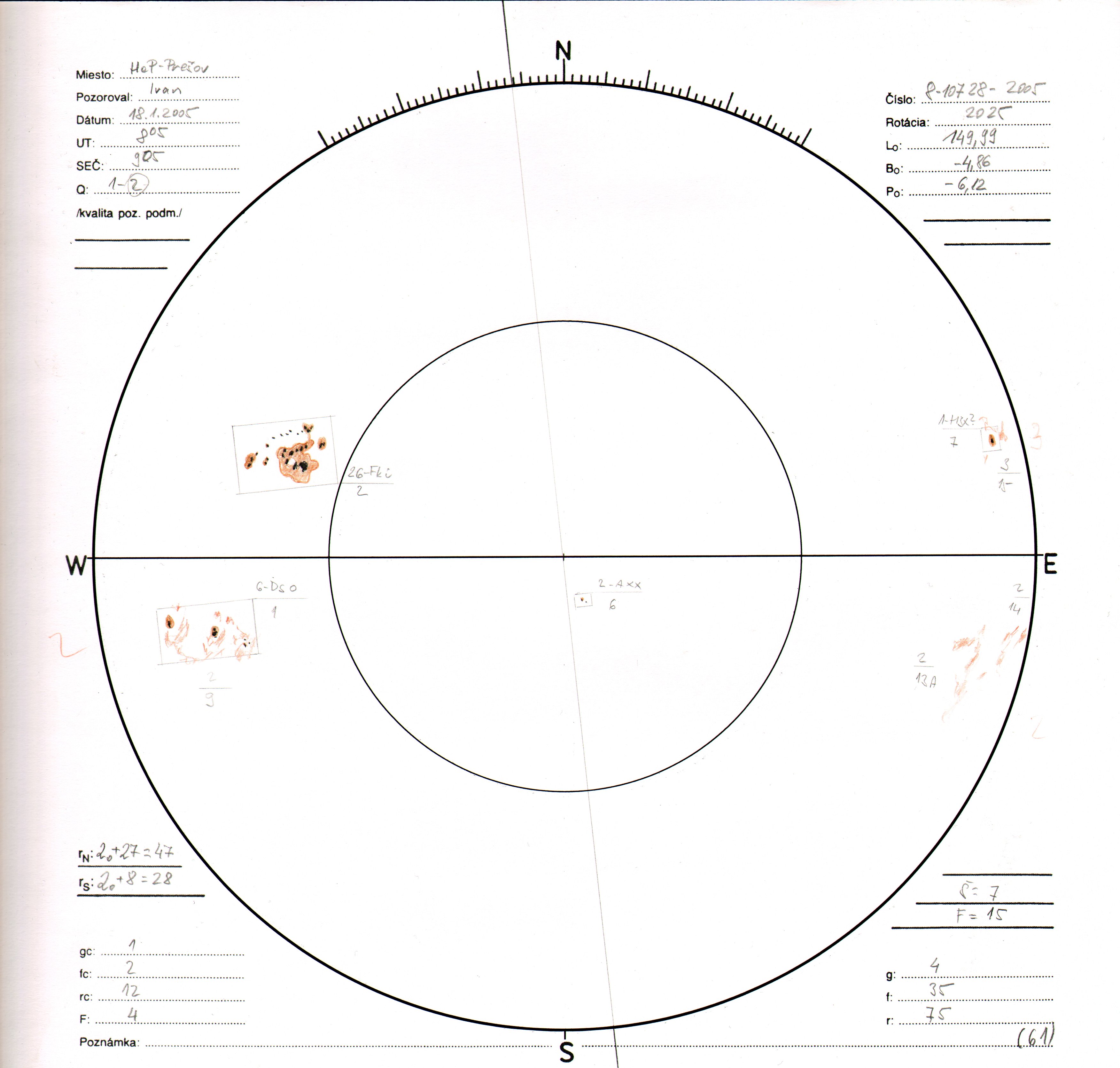 Obrázok zákresu Slnka na deň 18.01.2005