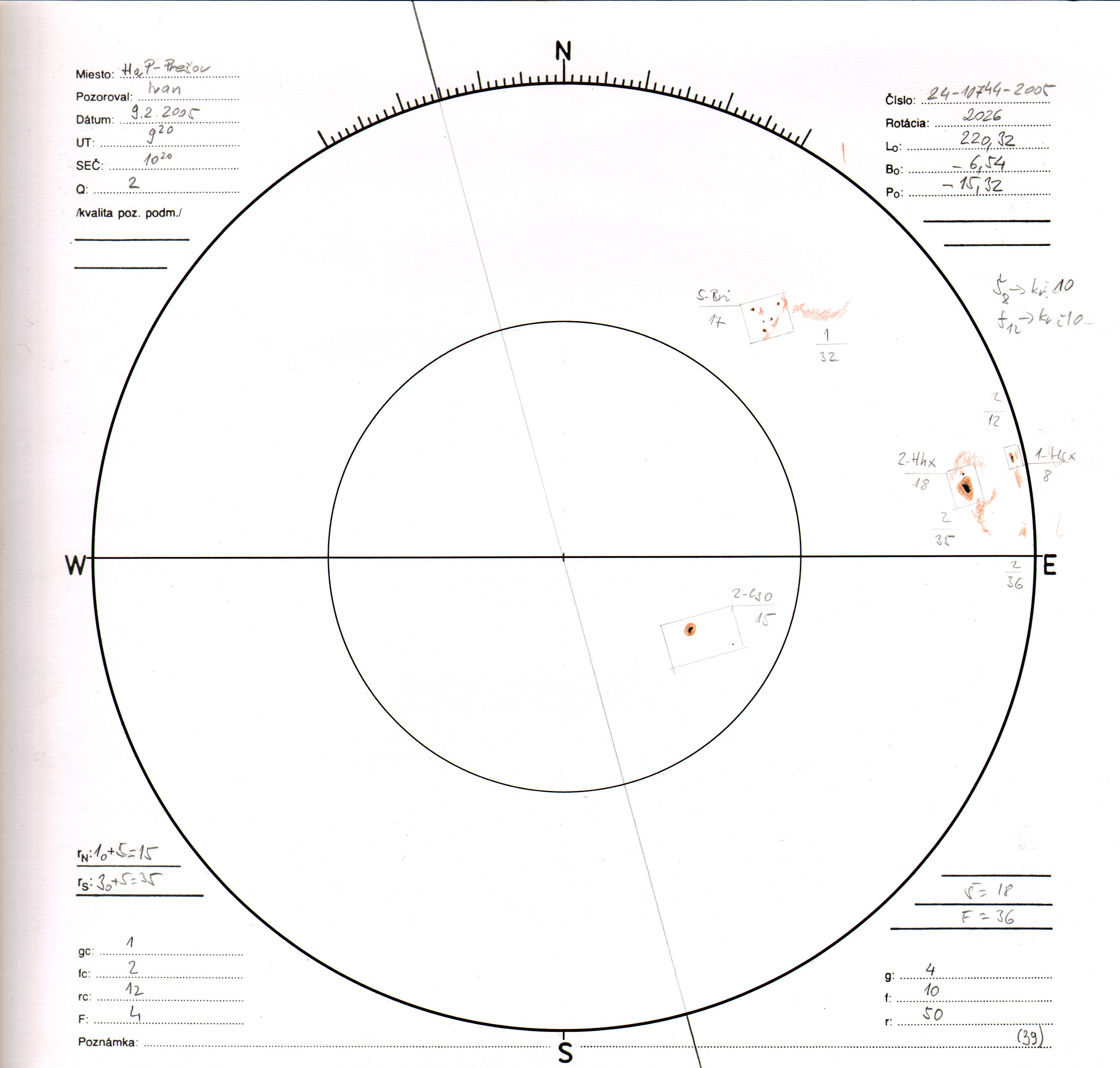 Obrázok zákresu Slnka na deň 09.02.2005