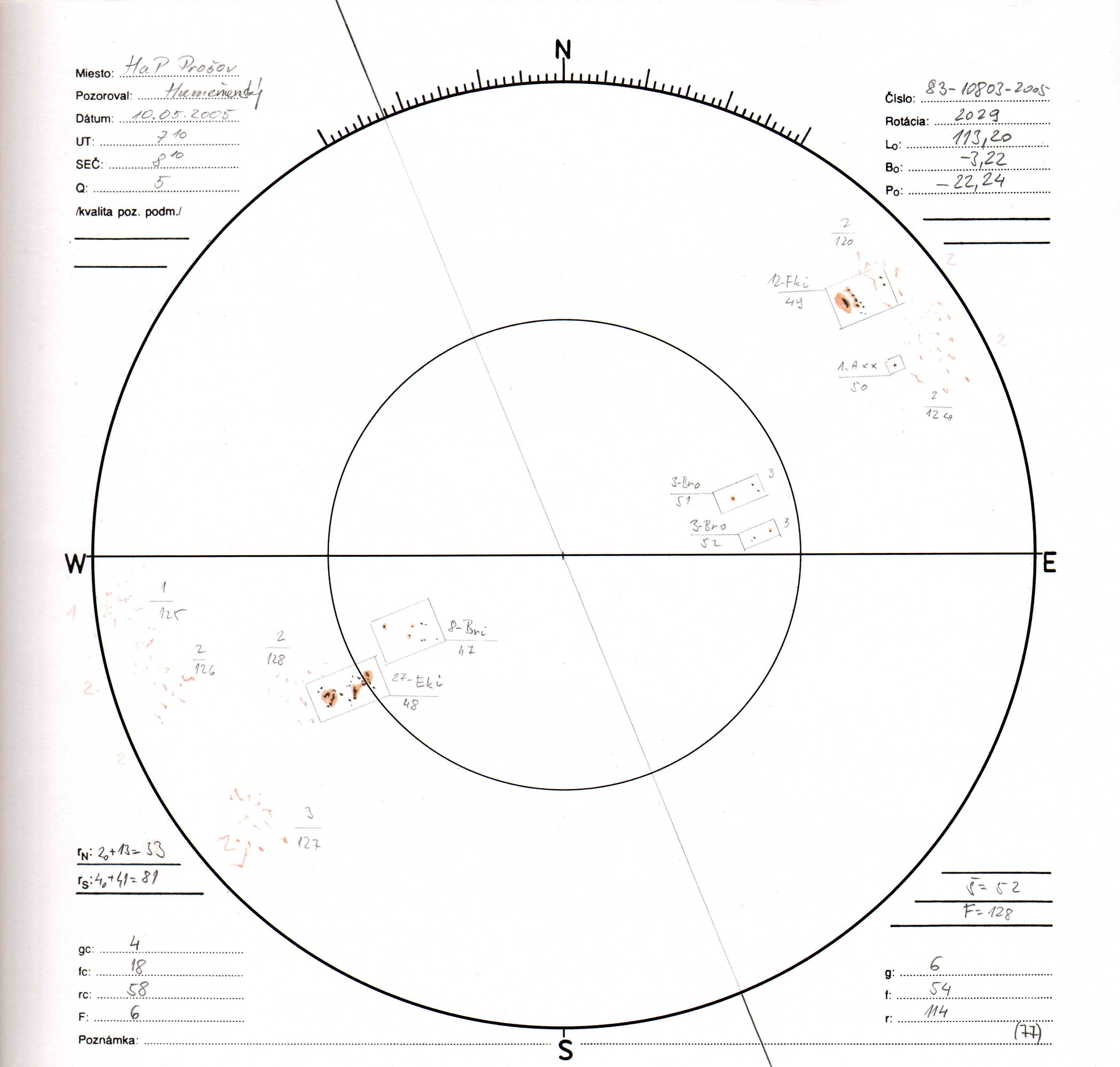 Obrázok zákresu Slnka na deň 10.05.2005