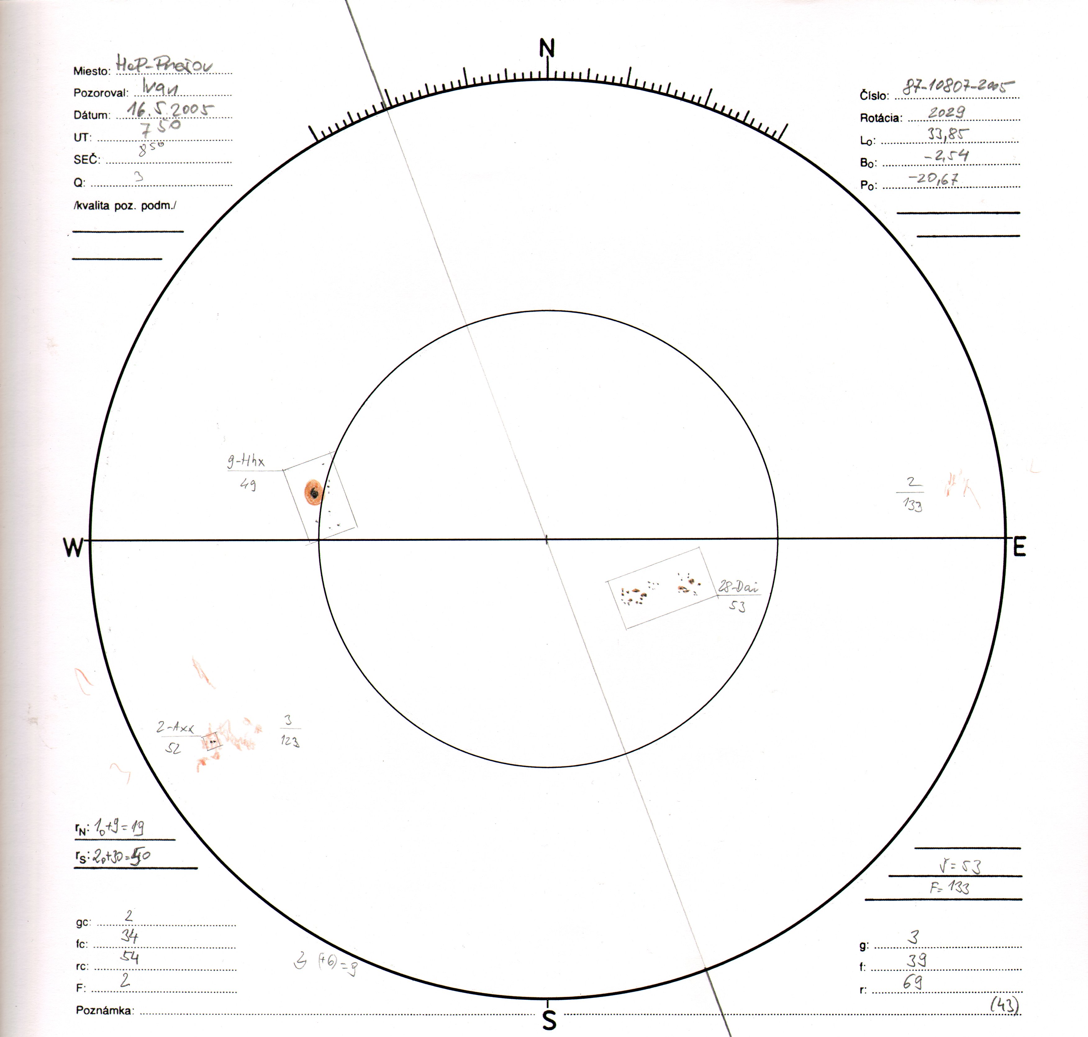 Obrázok zákresu Slnka na deň 16.05.2005