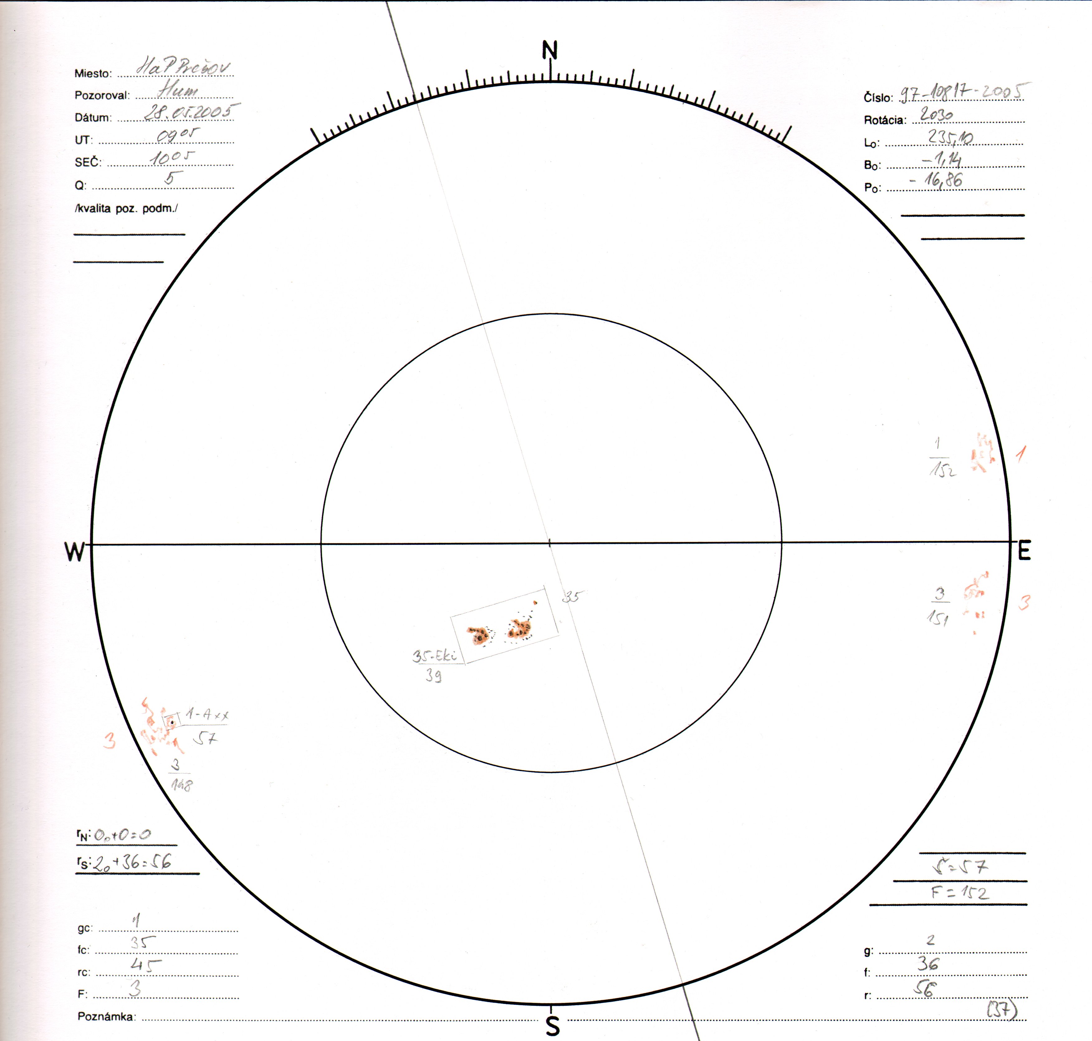 Obrázok zákresu Slnka na deň 28.05.2005