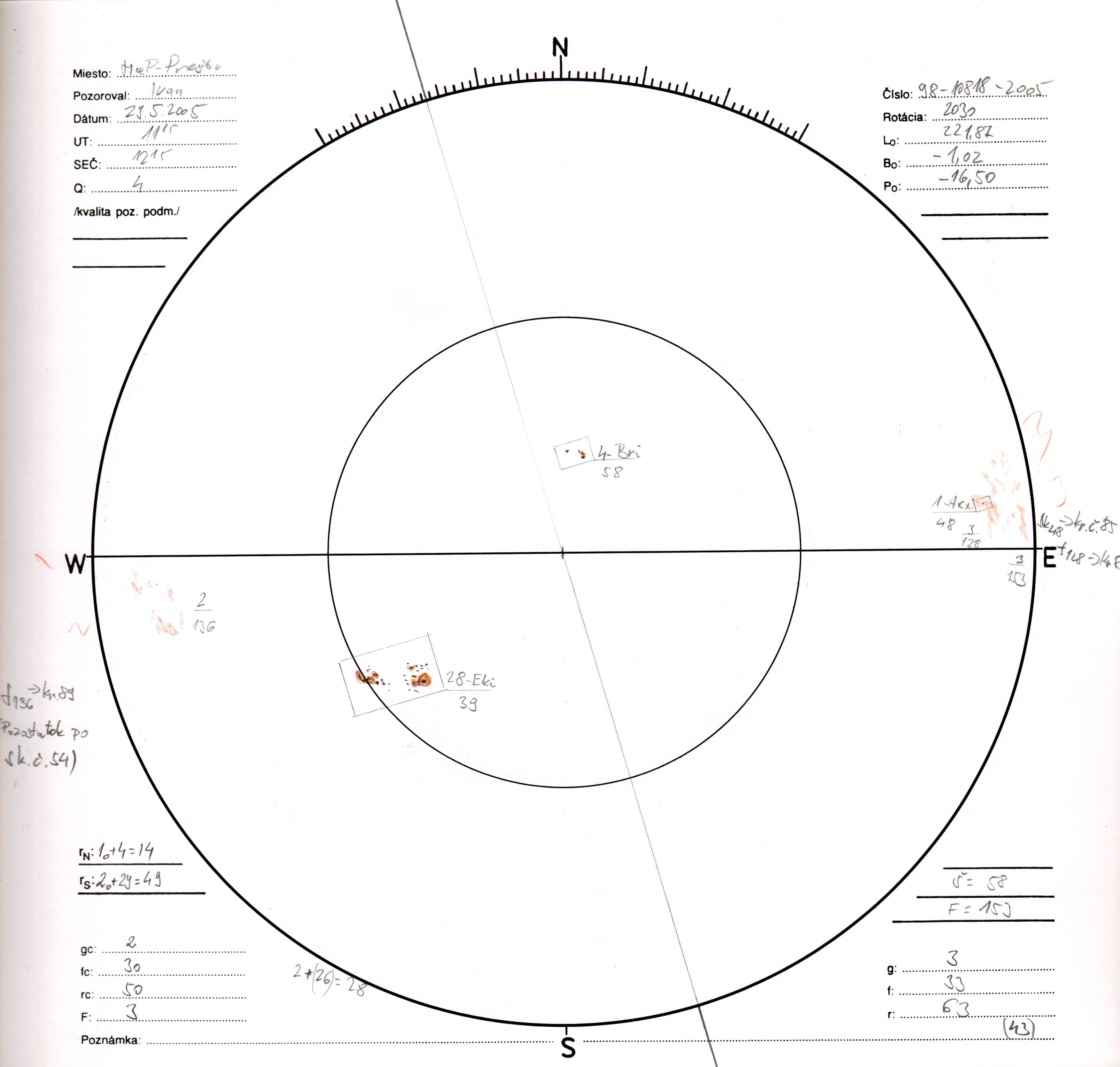 Obrázok zákresu Slnka na deň 29.05.2005