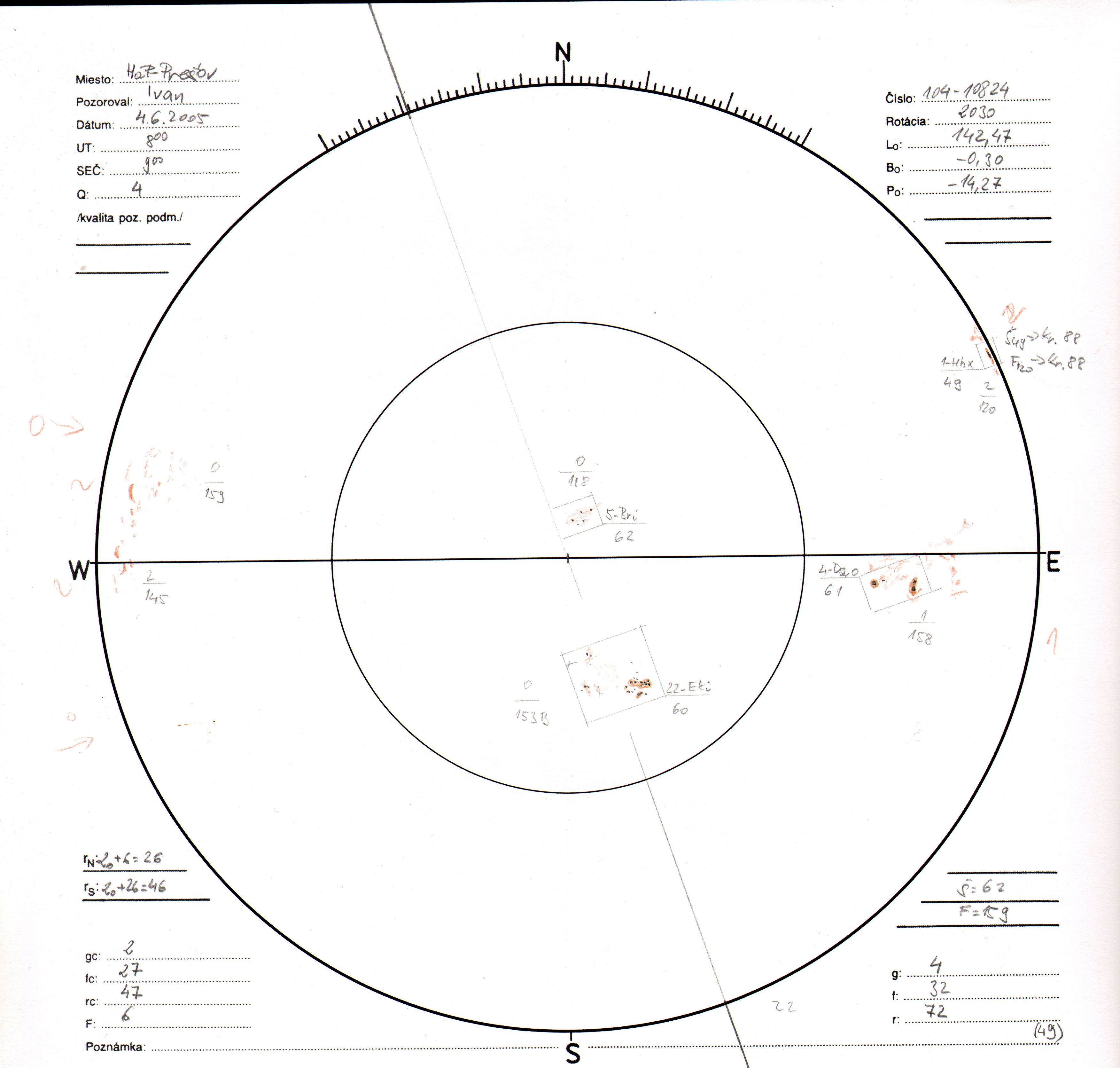 Obrázok zákresu Slnka na deň 04.06.2005
