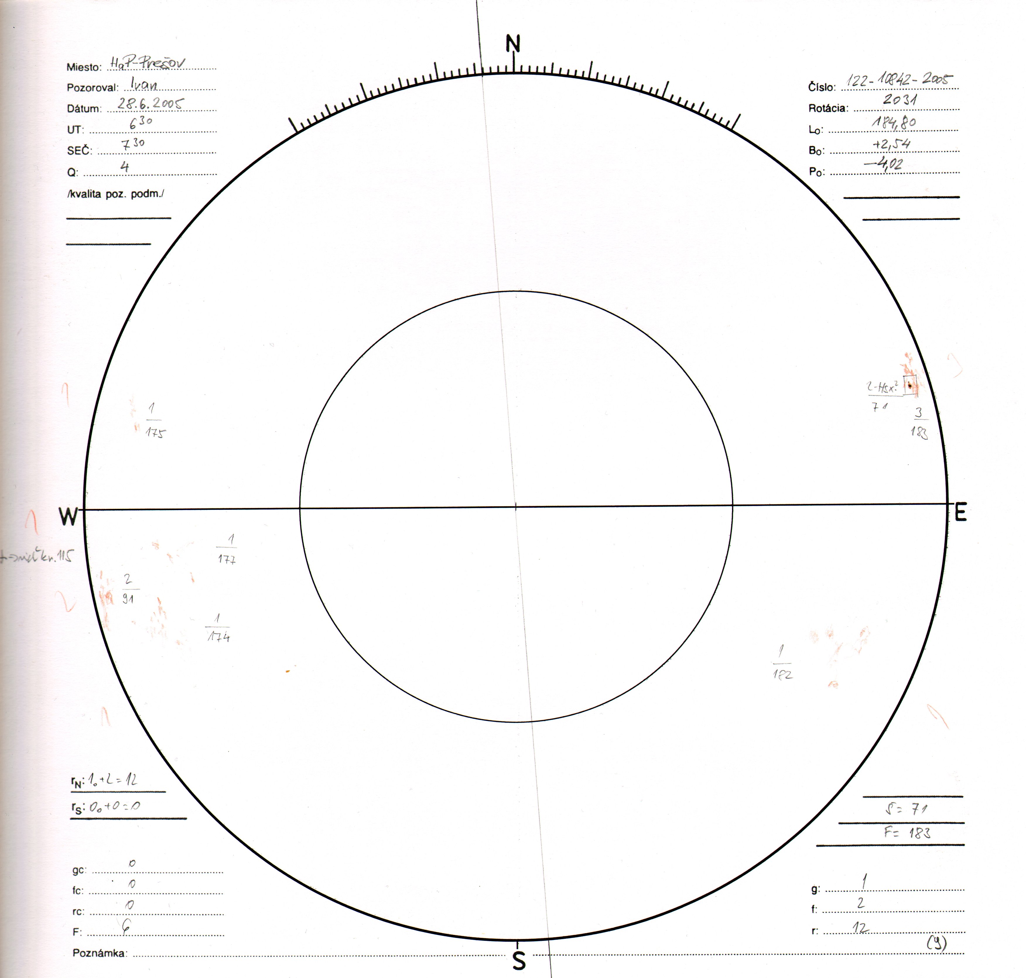 Obrázok zákresu Slnka na deň 28.06.2005