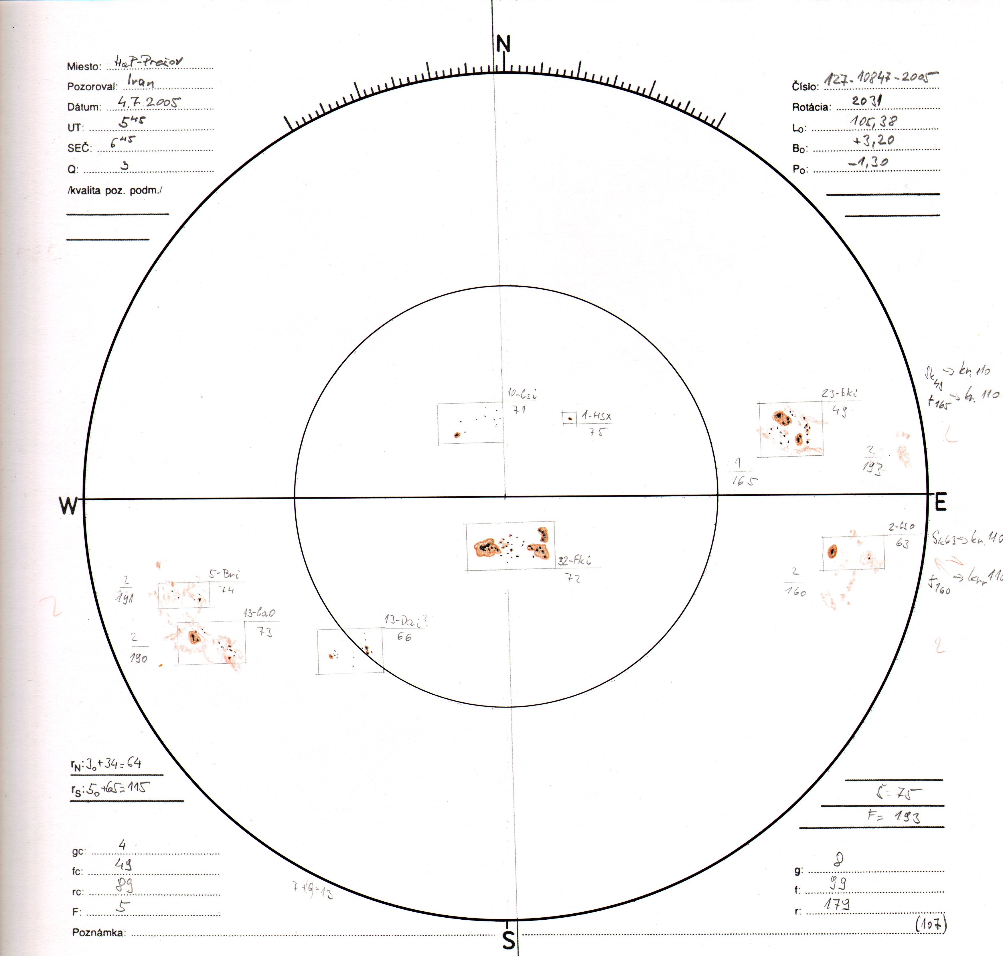 Obrázok zákresu Slnka na deň 04.07.2005
