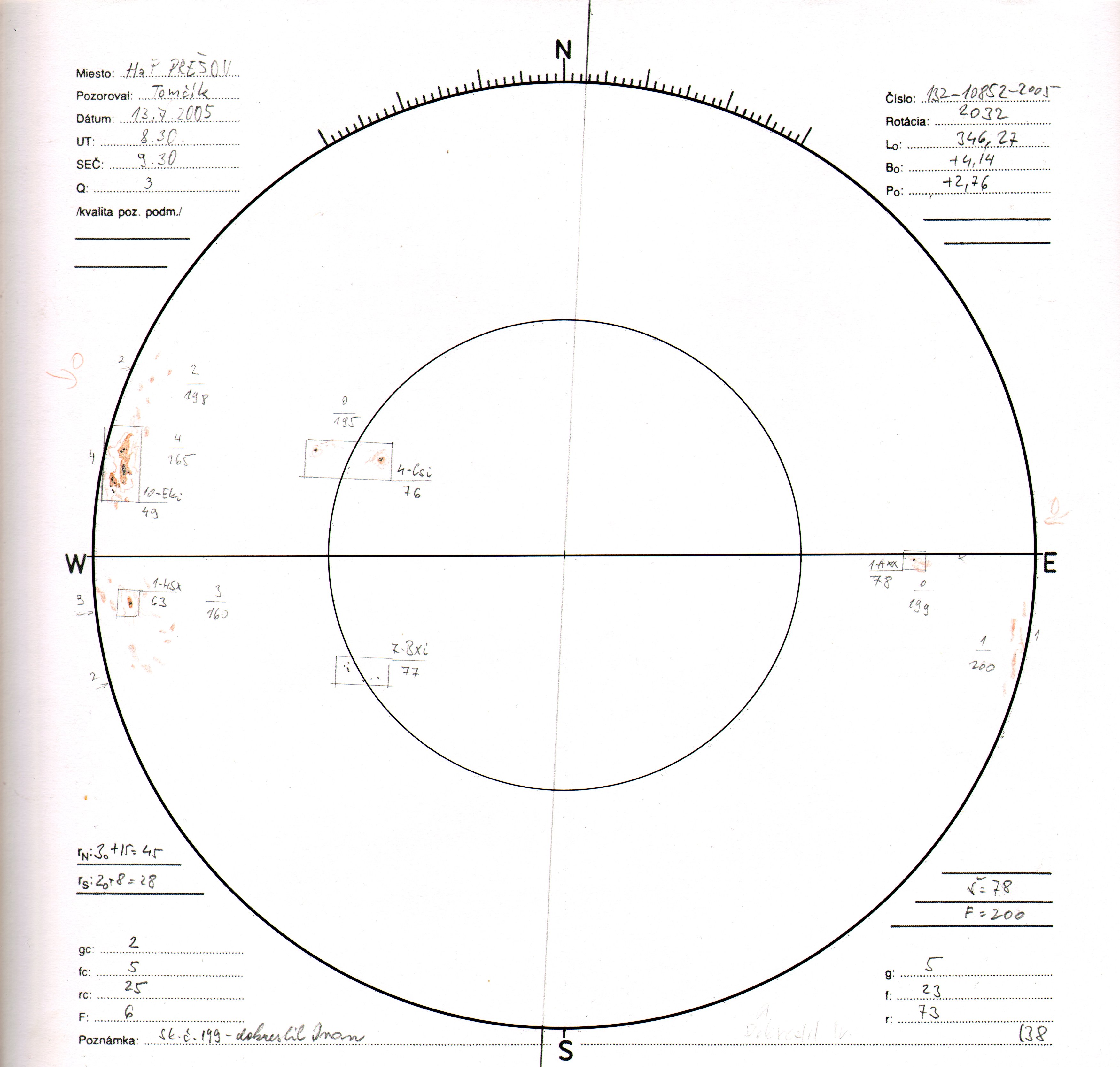 Obrázok zákresu Slnka na deň 13.07.2005
