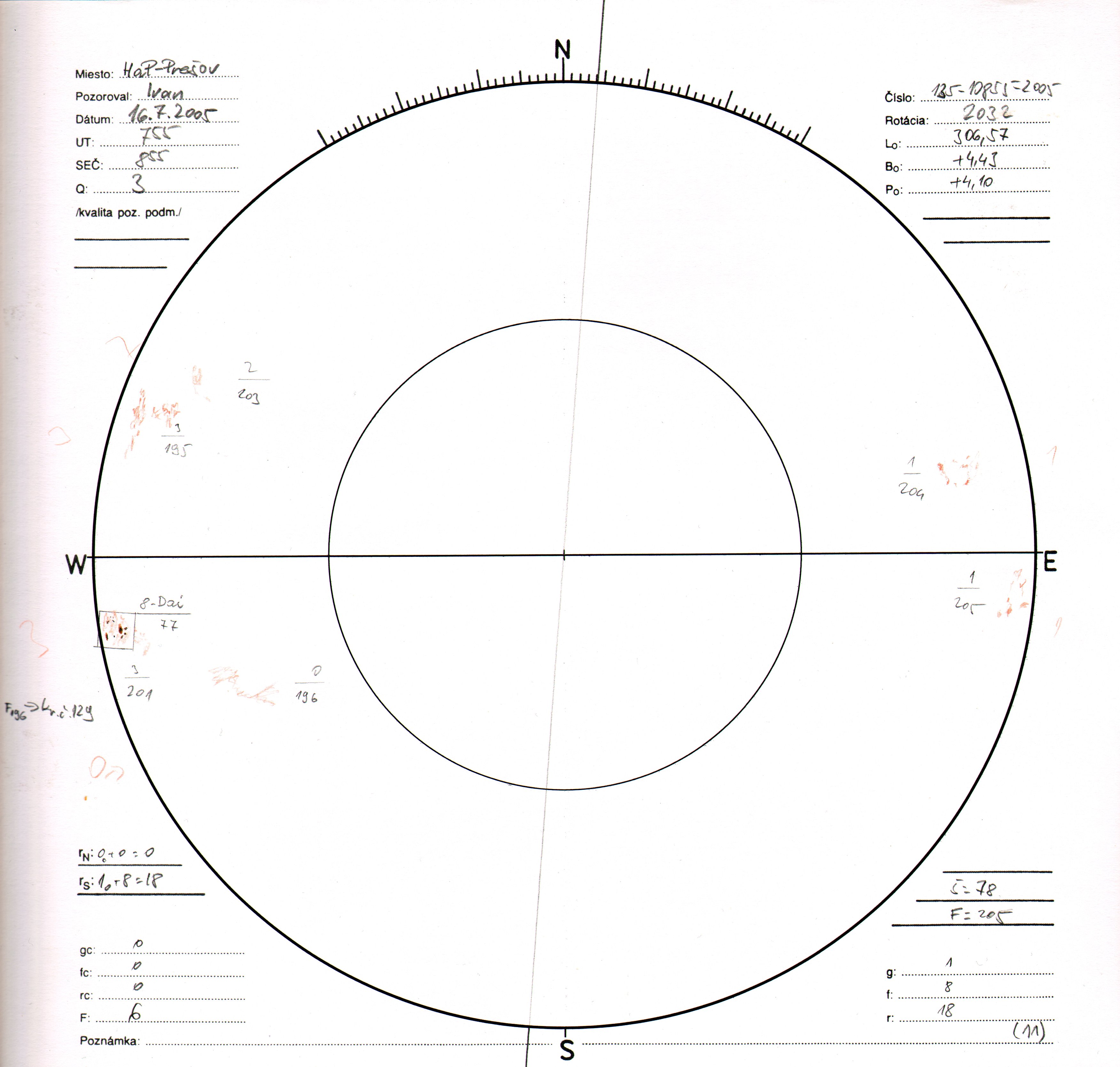 Obrázok zákresu Slnka na deň 16.07.2005