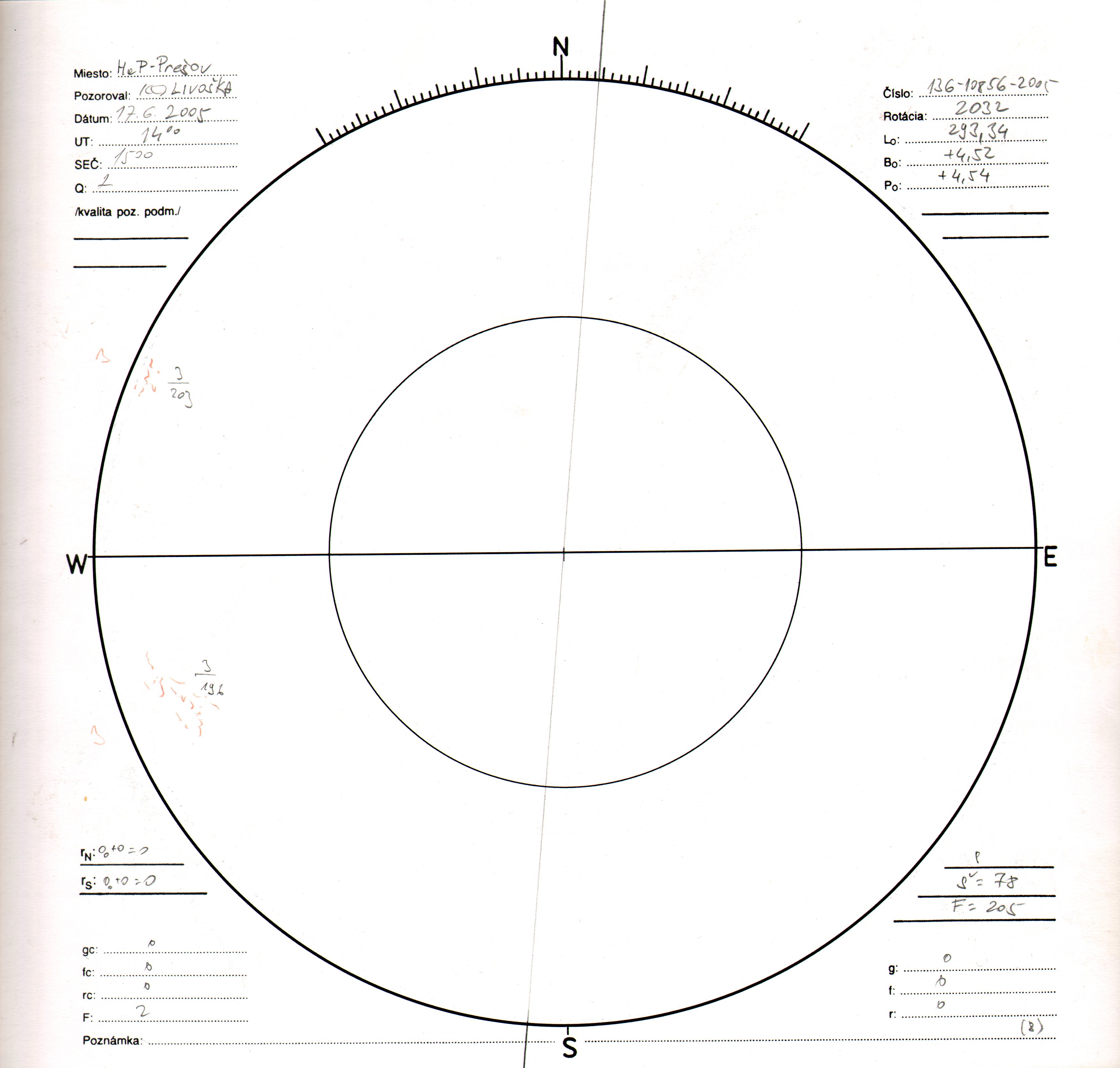 Obrázok zákresu Slnka na deň 17.07.2005