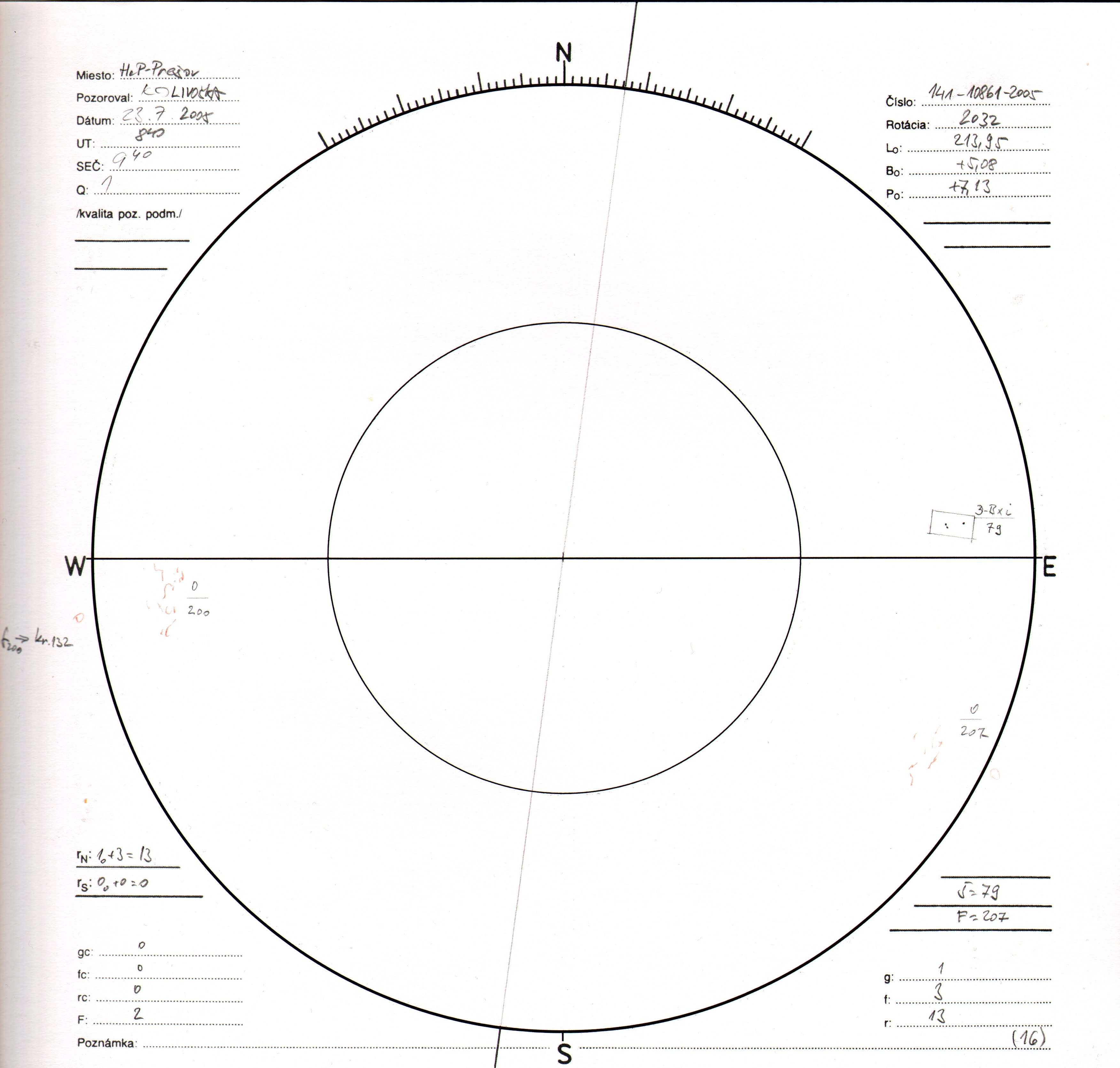 Obrázok zákresu Slnka na deň 23.07.2005