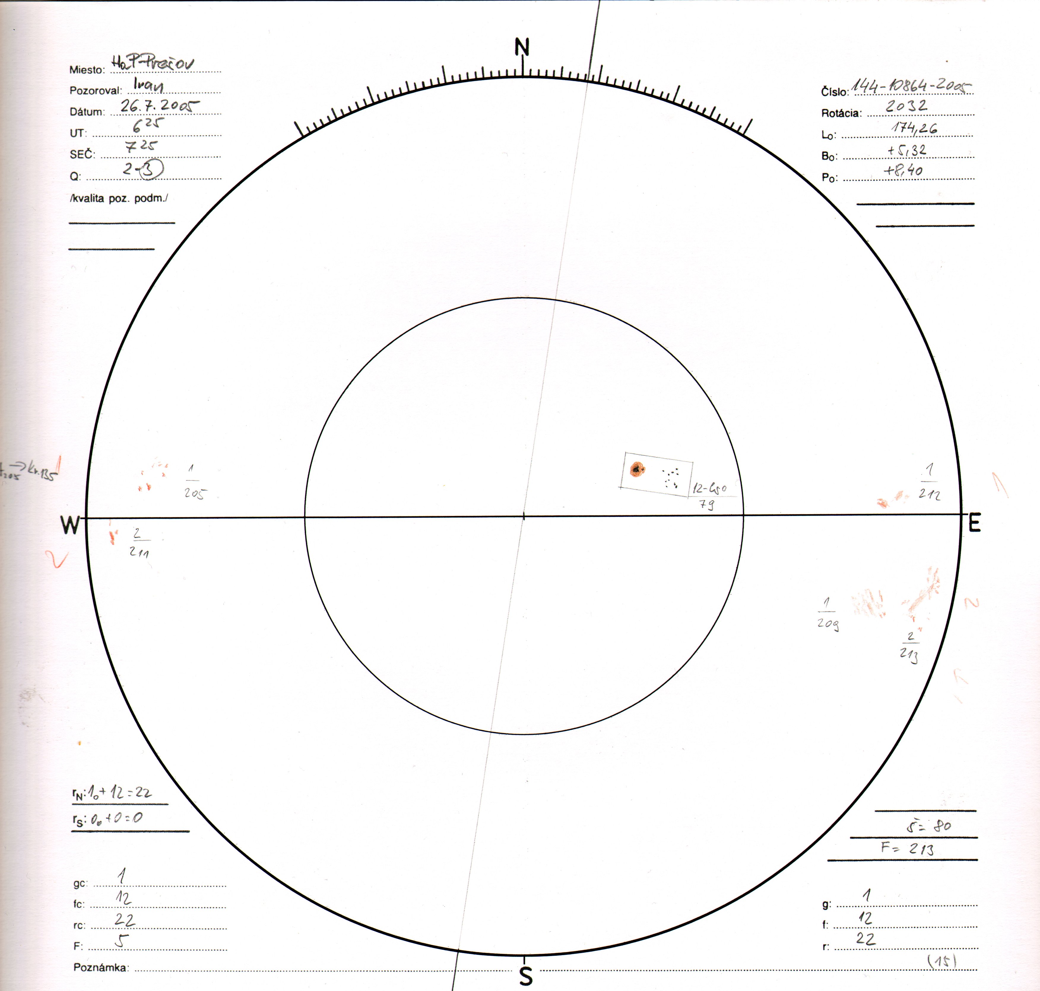 Obrázok zákresu Slnka na deň 26.07.2005