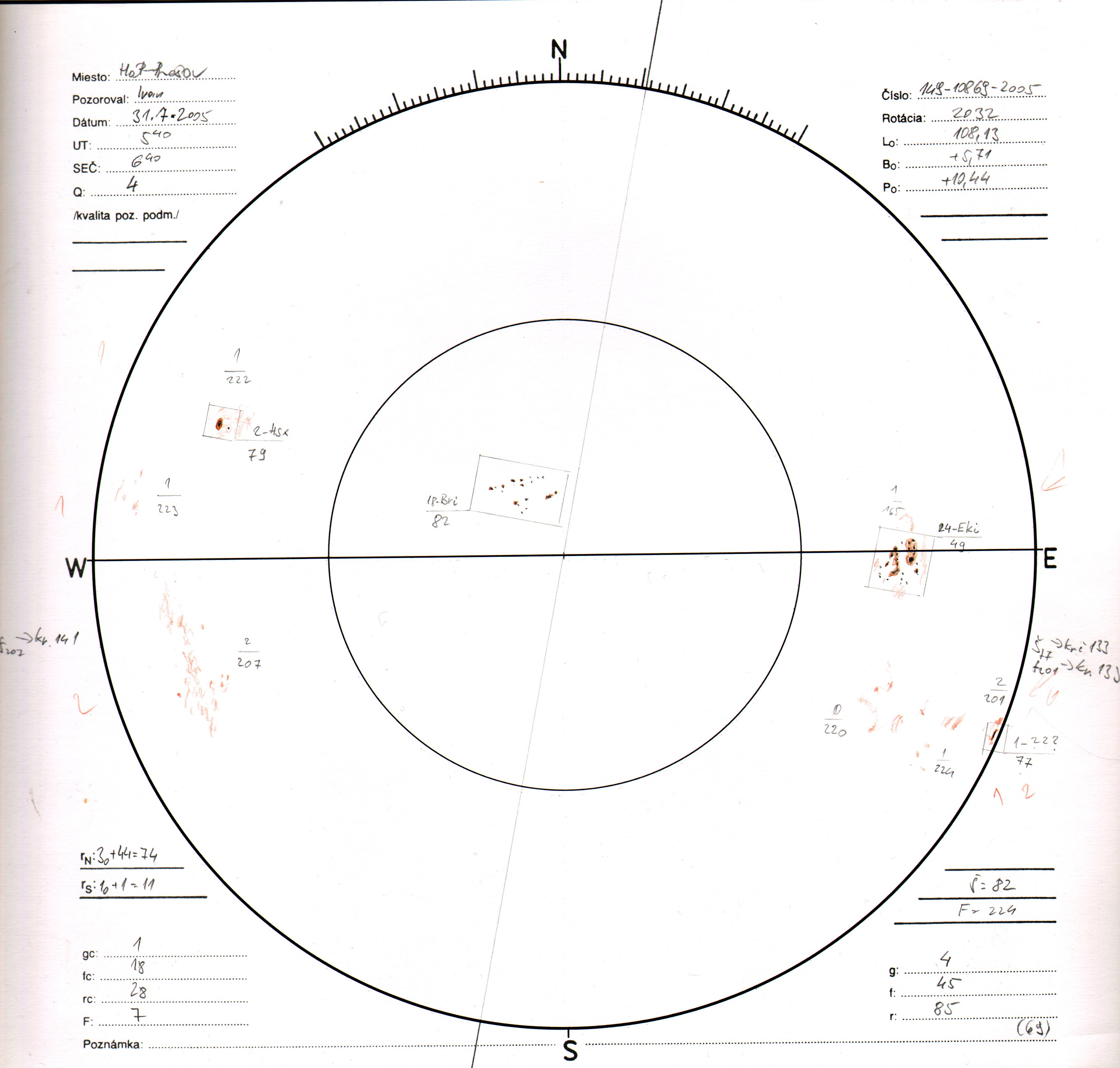 Obrázok zákresu Slnka na deň 31.07.2005