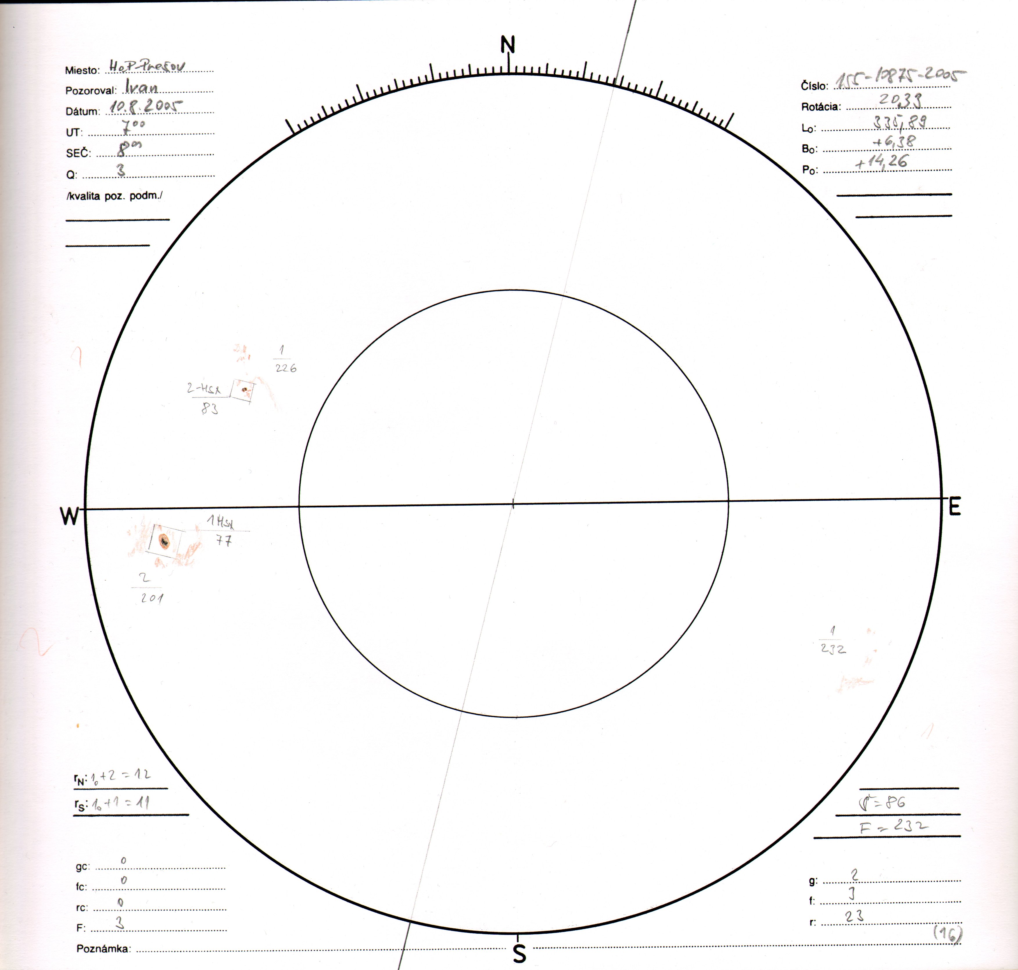 Obrázok zákresu Slnka na deň 10.08.2005