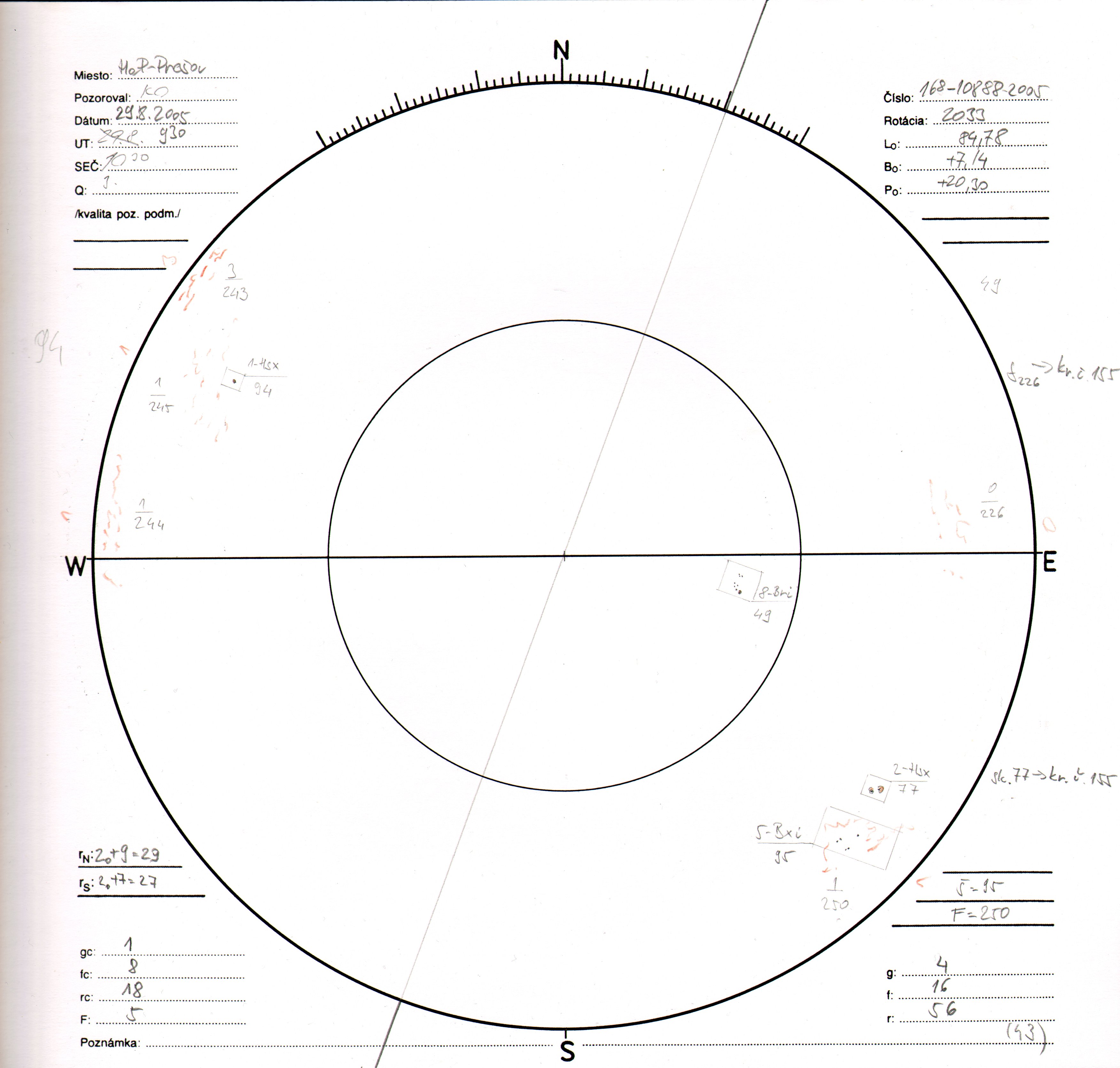 Obrázok zákresu Slnka na deň 29.08.2005