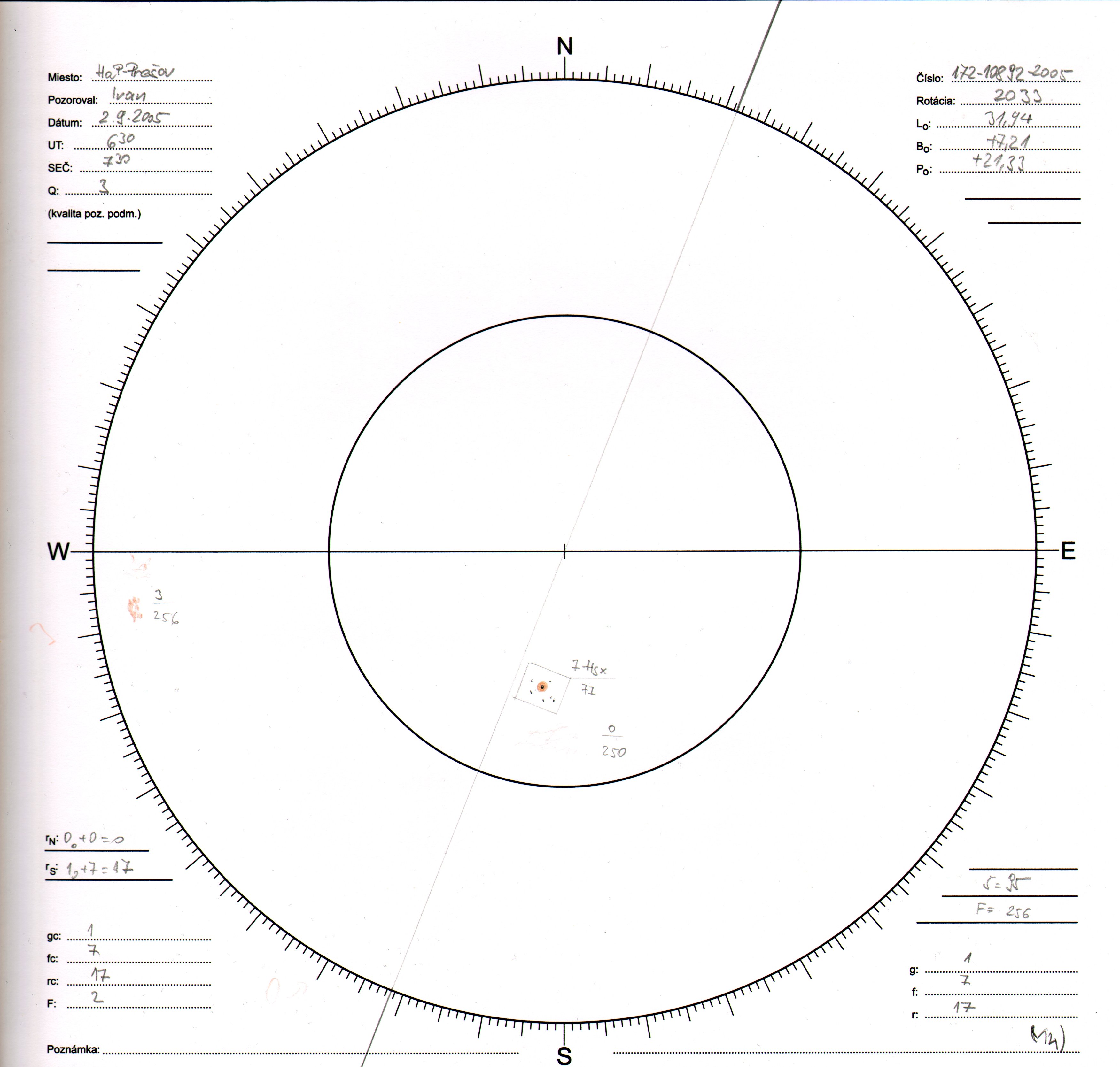 Obrázok zákresu Slnka na deň 02.09.2005