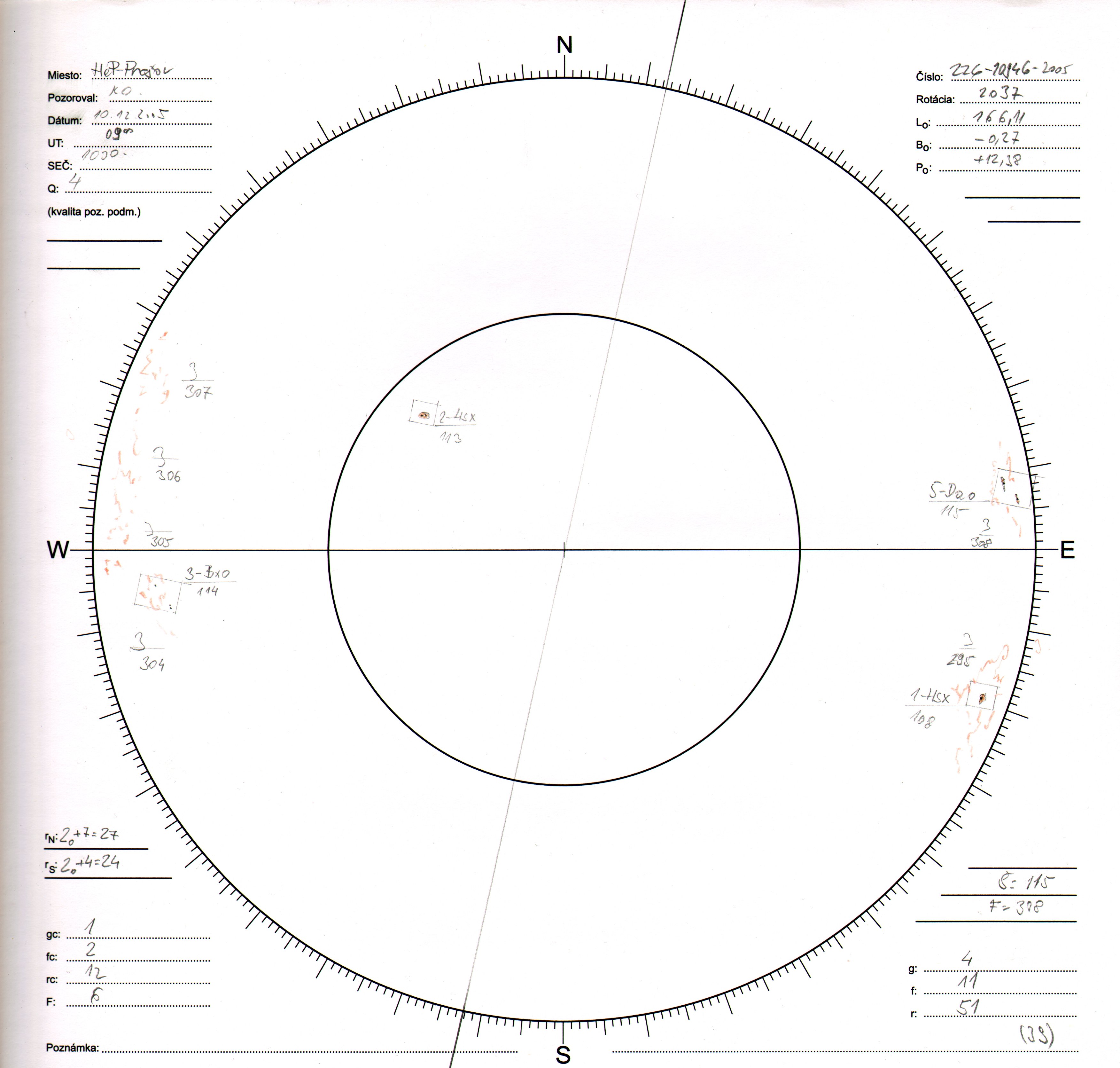 Obrázok zákresu Slnka na deň 10.12.2005