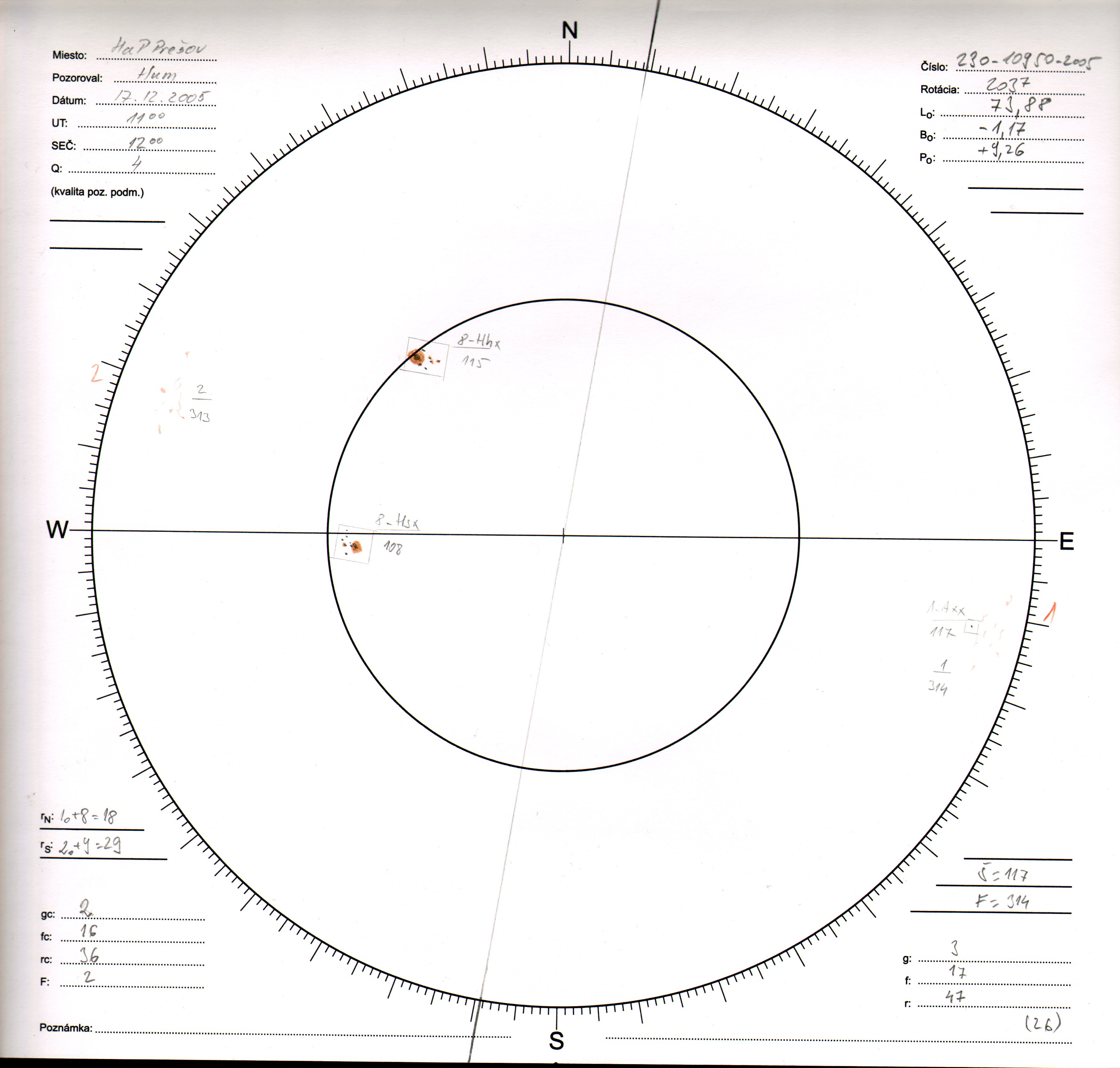 Obrázok zákresu Slnka na deň 17.12.2005