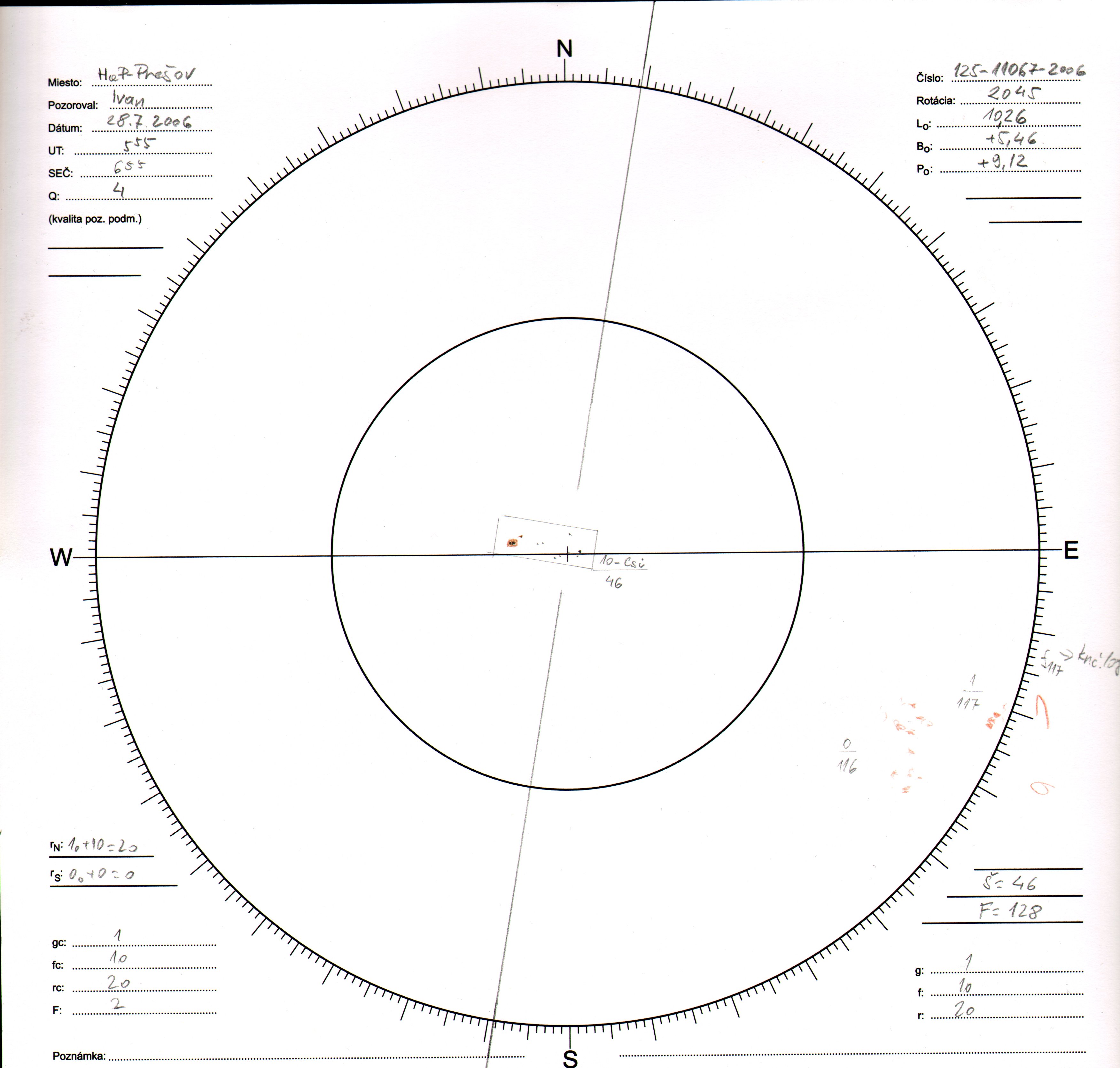 Obrázok zákresu Slnka na deň 28.07.2006