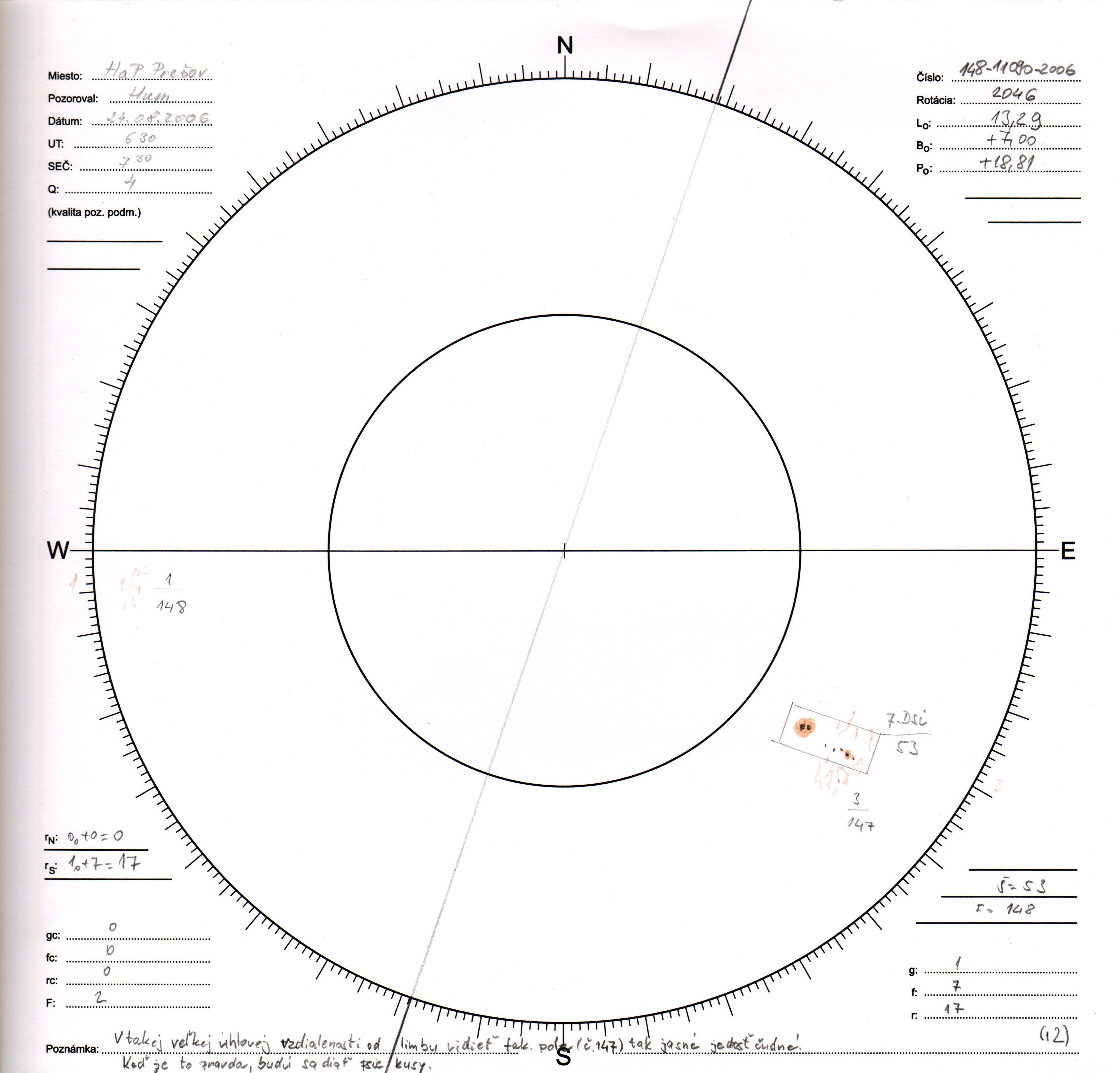 Obrázok zákresu Slnka na deň 24.08.2006