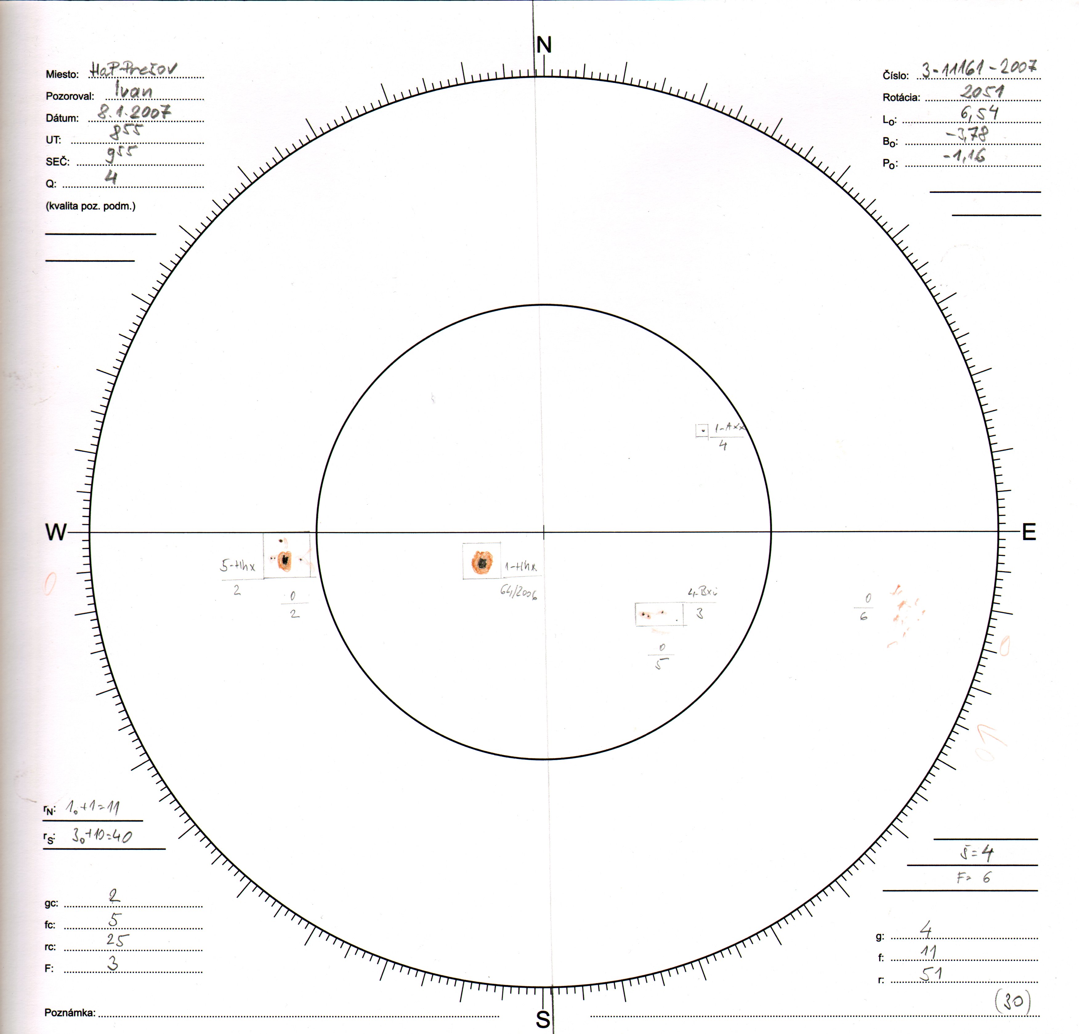 Obrázok zákresu Slnka na deň 08.01.2007