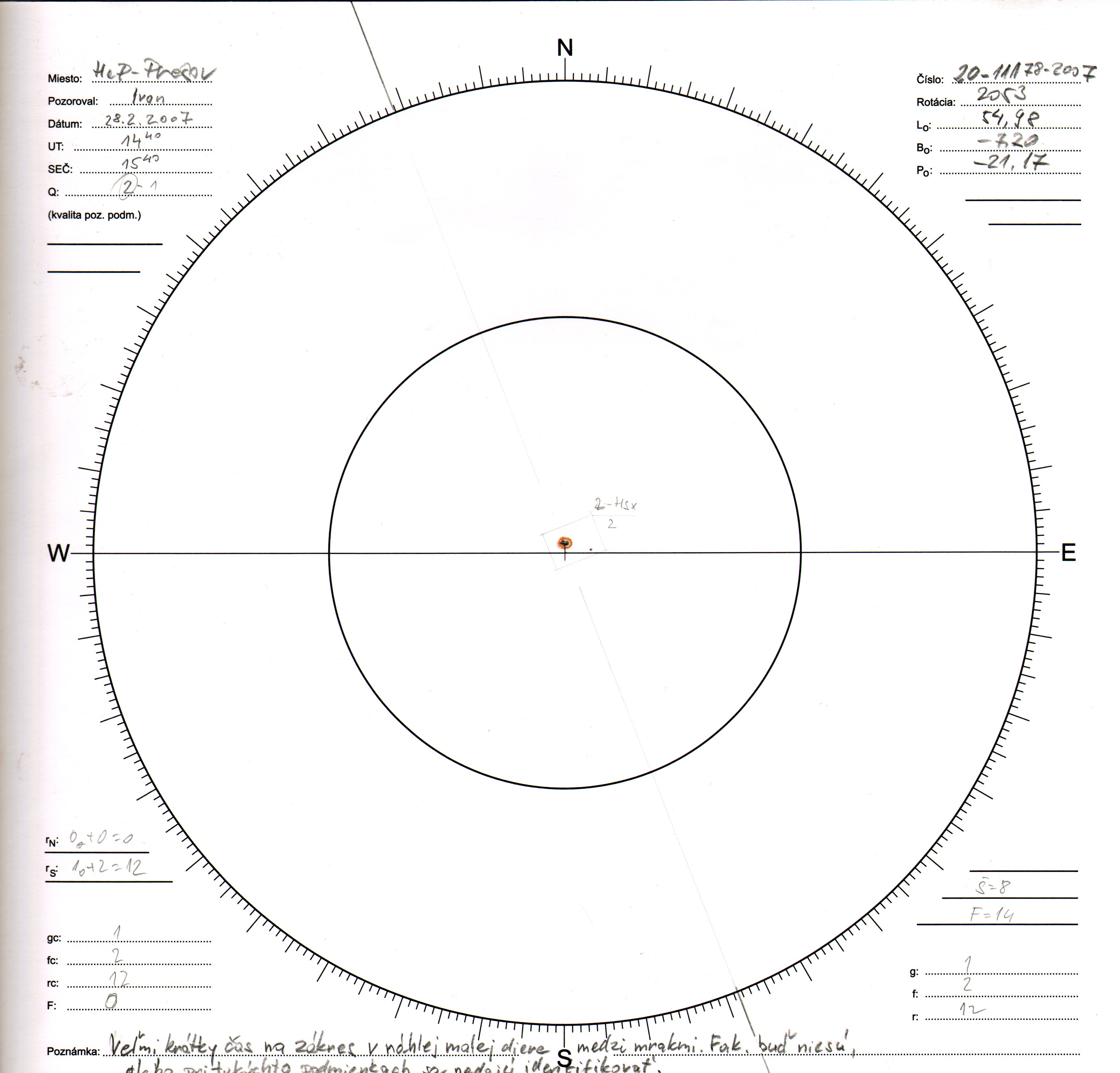 Obrázok zákresu Slnka na deň 28.02.2007