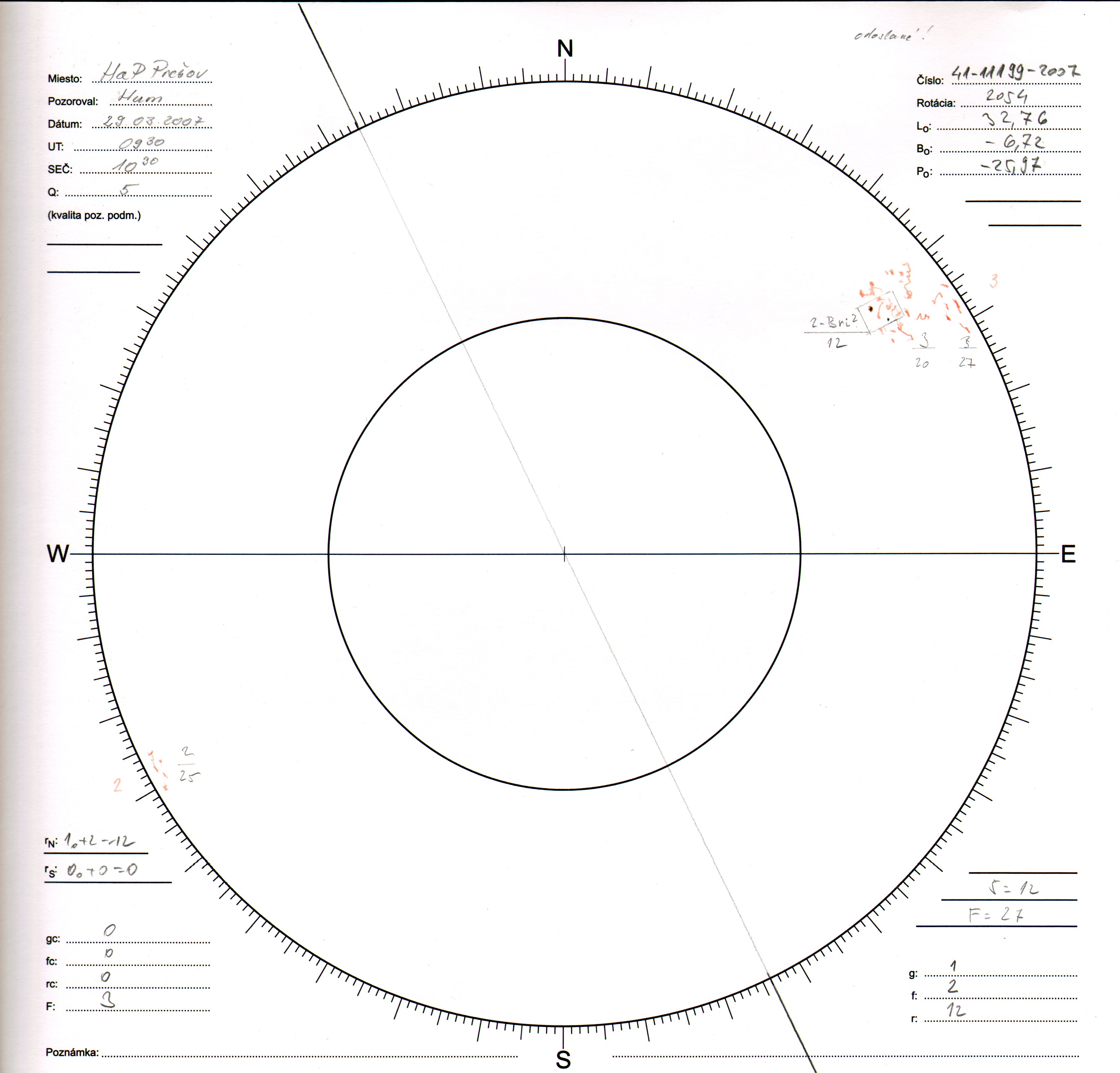 Obrázok zákresu Slnka na deň 29.03.2007