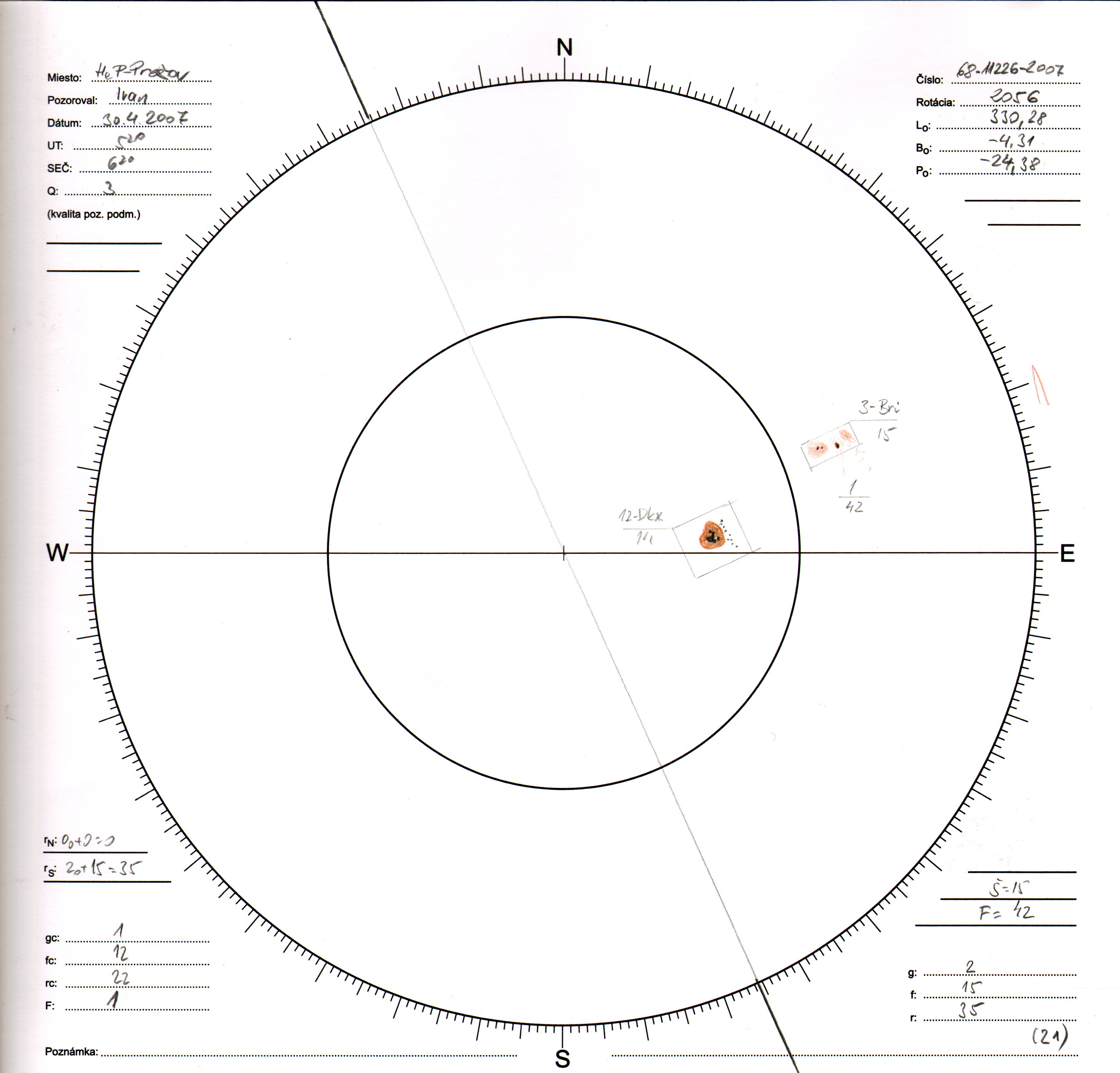 Obrázok zákresu Slnka na deň 30.04.2007